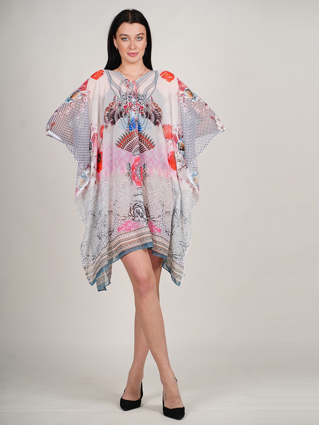 

Rajoria Instyle Floral Printed Extended Sleeves Georgette Kaftan Dress, White