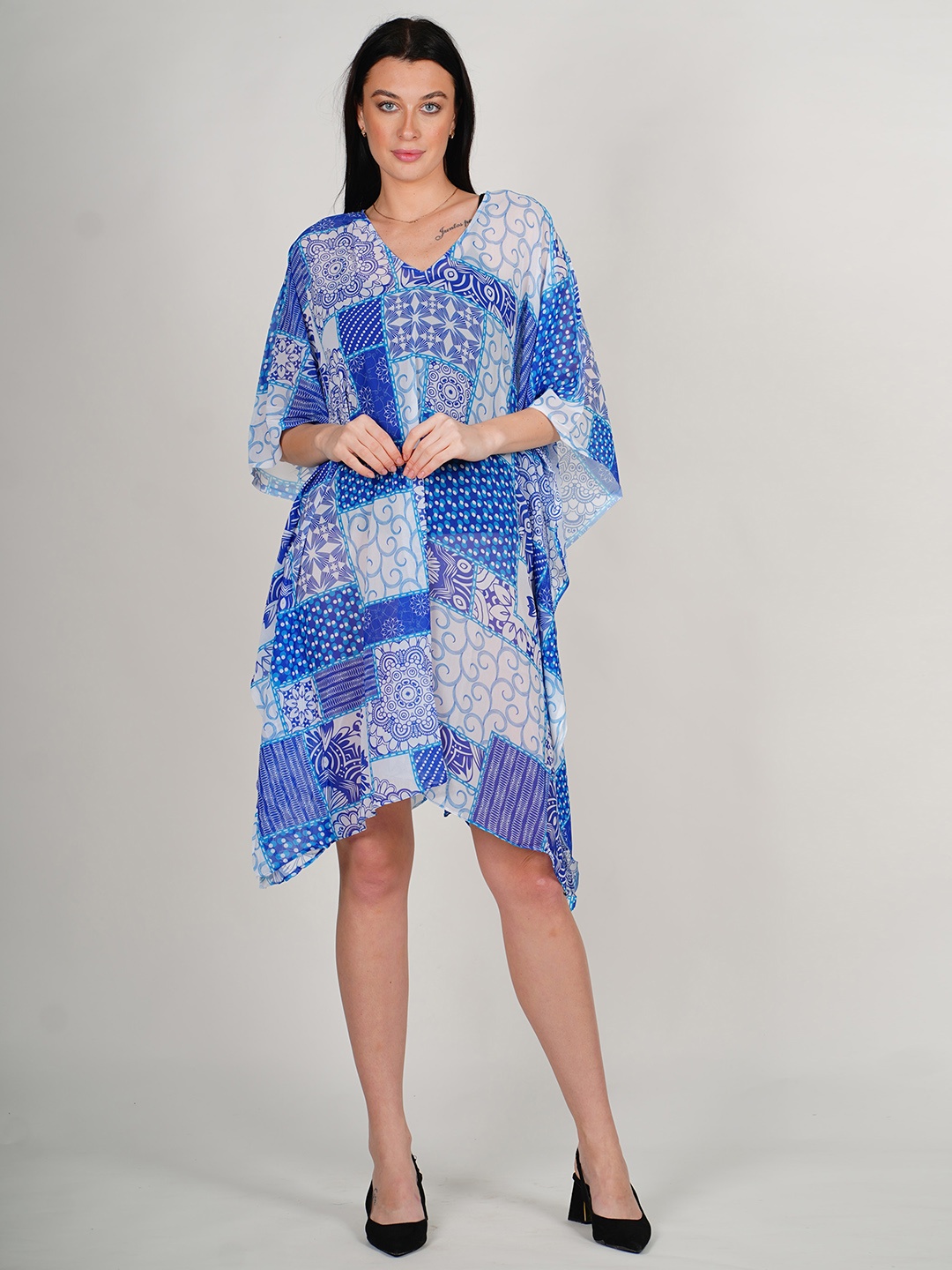 

Rajoria Instyle Ethnic Motifs Printed V-Neck Semi Sheer Georgette Kaftan Dress, Blue