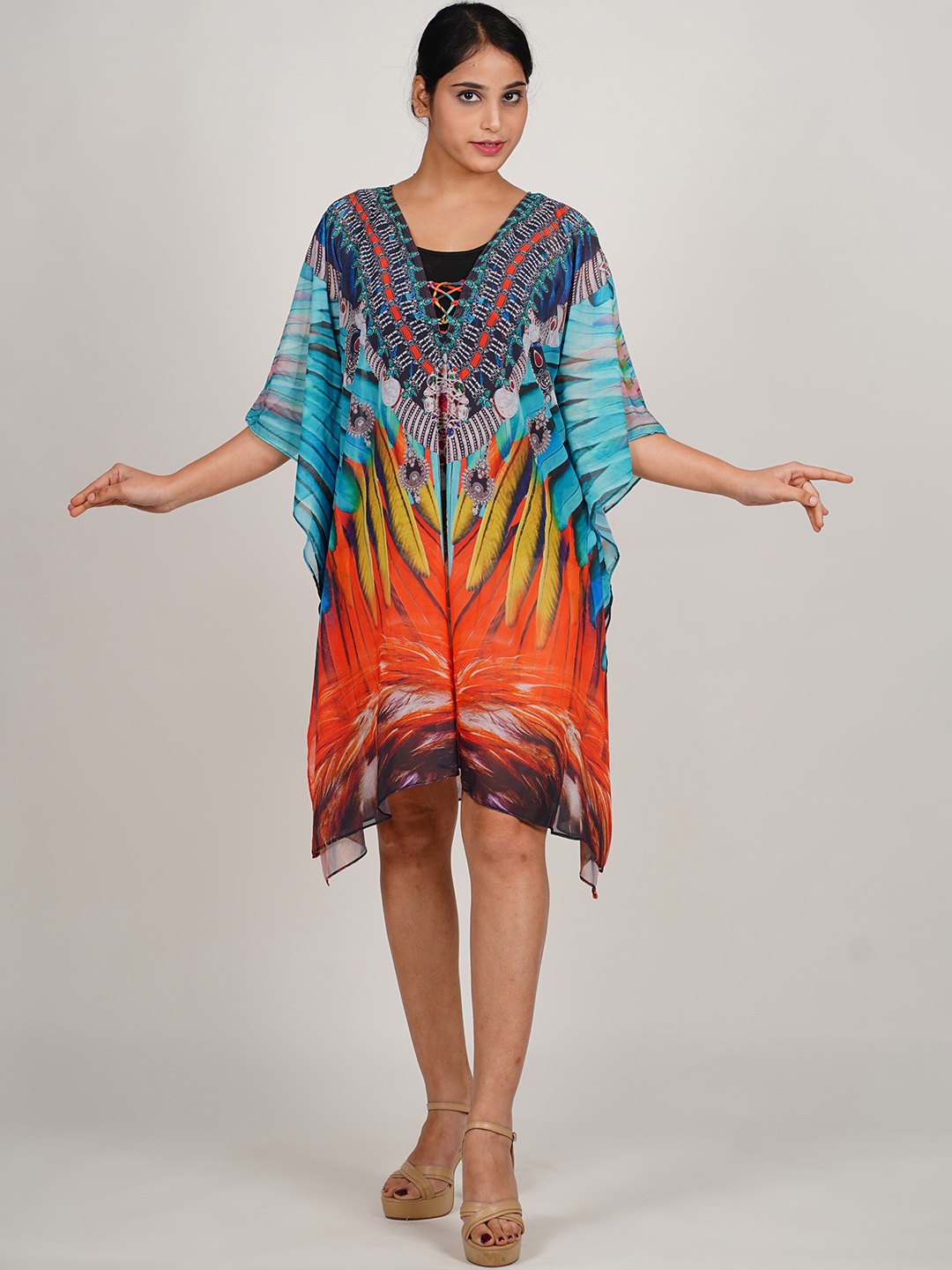 

Rajoria Instyle Print Kimono Sleeve Georgette Kaftan Dress, Blue