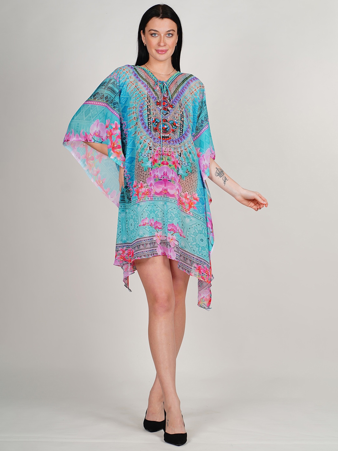 

Rajoria Instyle Print Kimono Sleeve Georgette Kaftan Dress, Blue