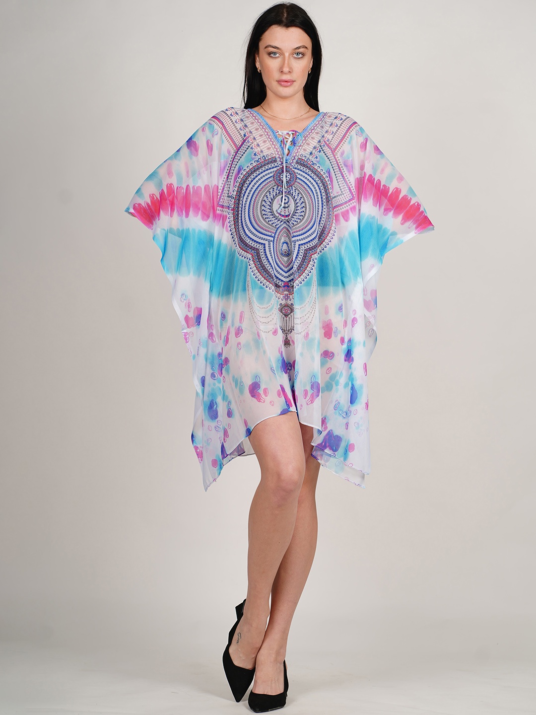 

Rajoria Instyle Ethnic Motifs Printed Tie Up Neck Semi Sheer Georgette Kaftan Dress, White