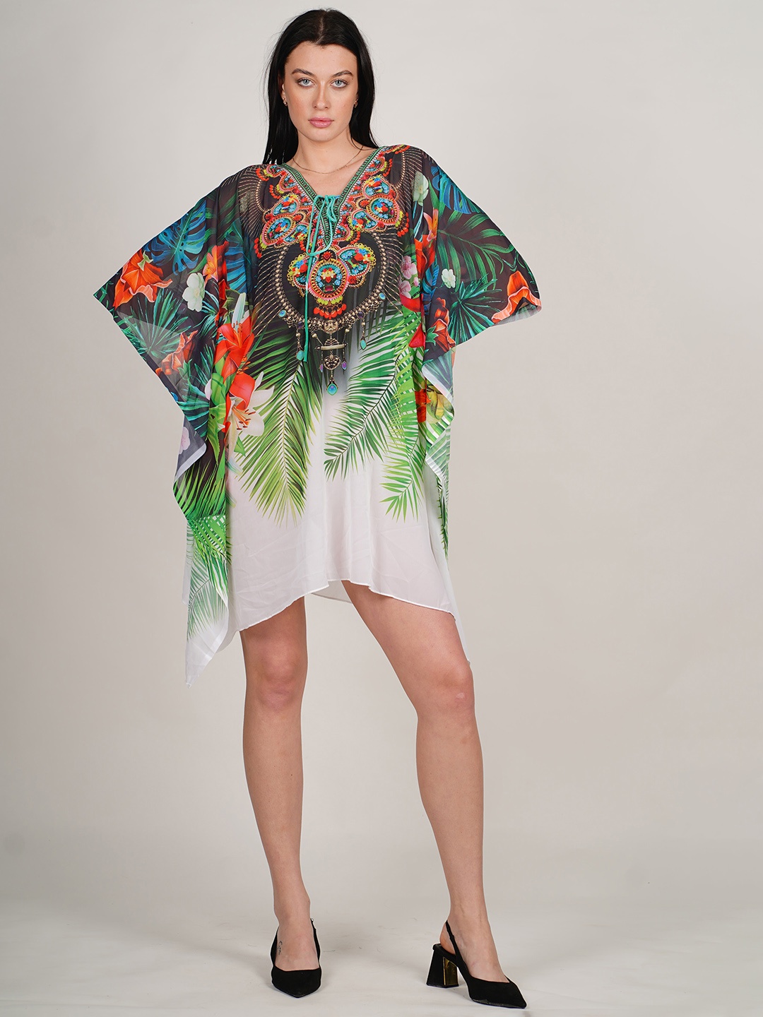 

Rajoria Instyle Floral Printed Tie Up Neck Semi Sheer Georgette Kaftan Dress, White