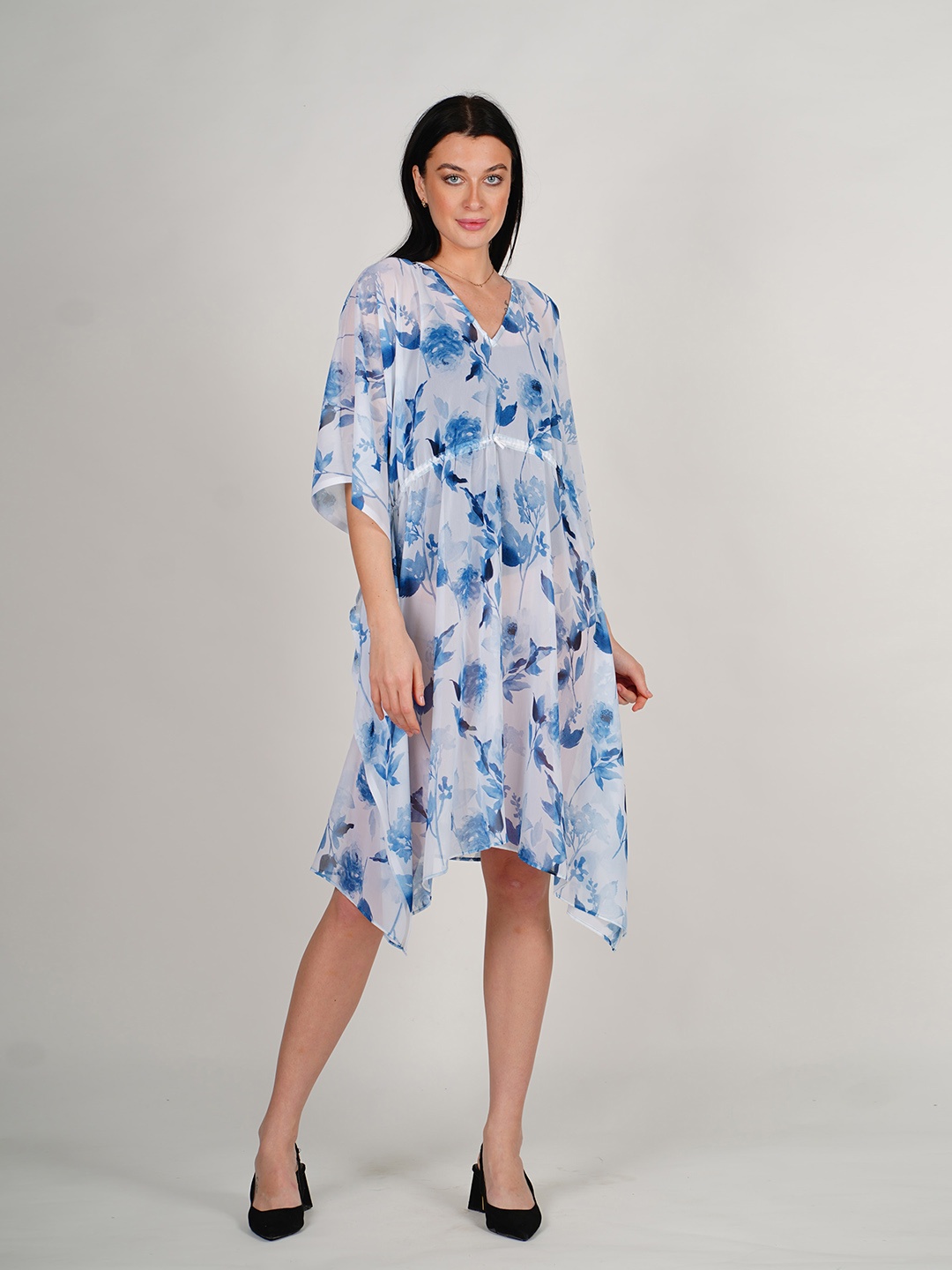 

Rajoria Instyle Floral Printed Extended Sleeves Semi Sheer Georgette Kaftan Dress, Blue