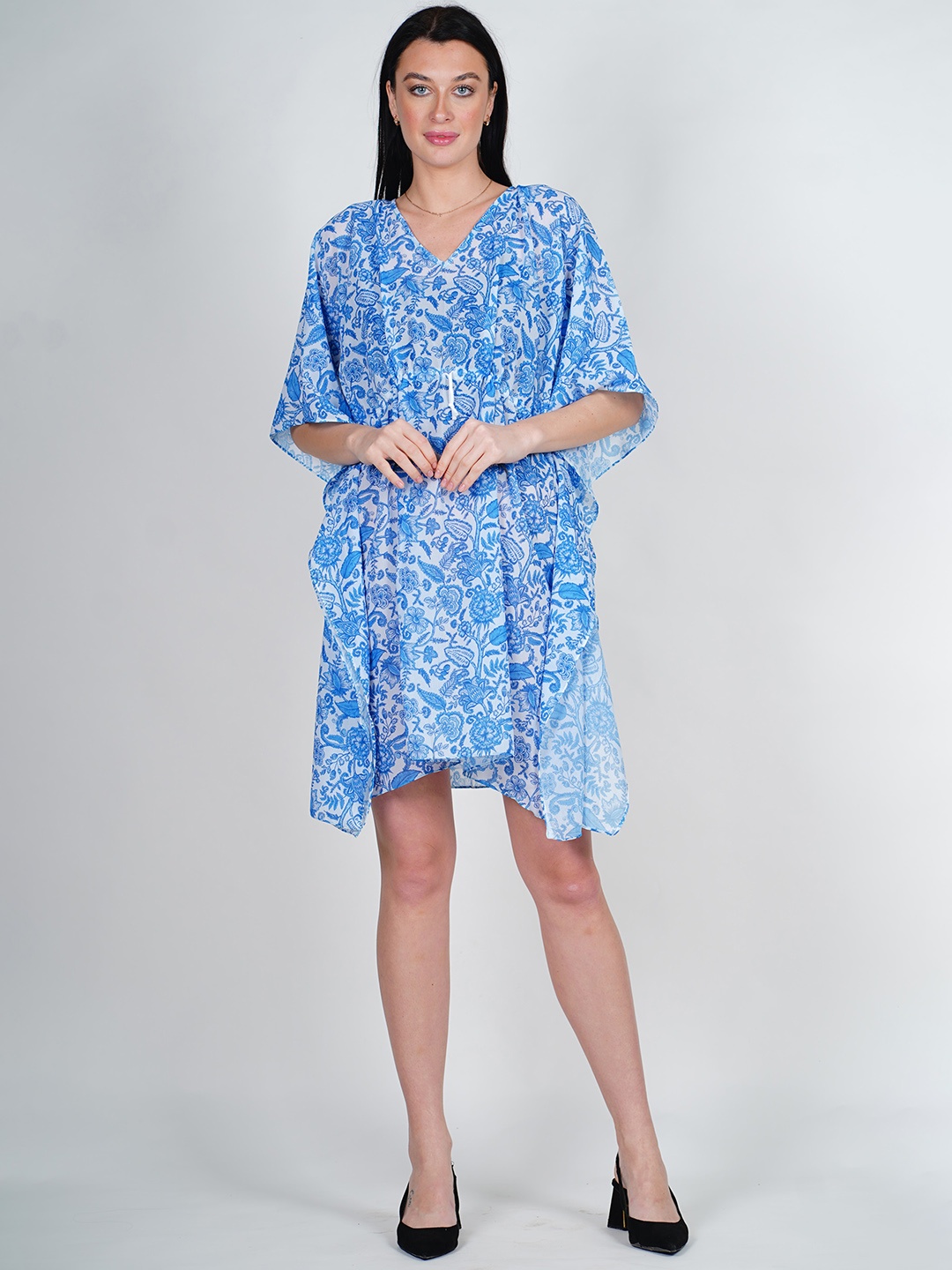 

Rajoria Instyle Floral Printed Kimono Sleeves Georgette Kaftan Swimwear Cover Up Dress, Blue