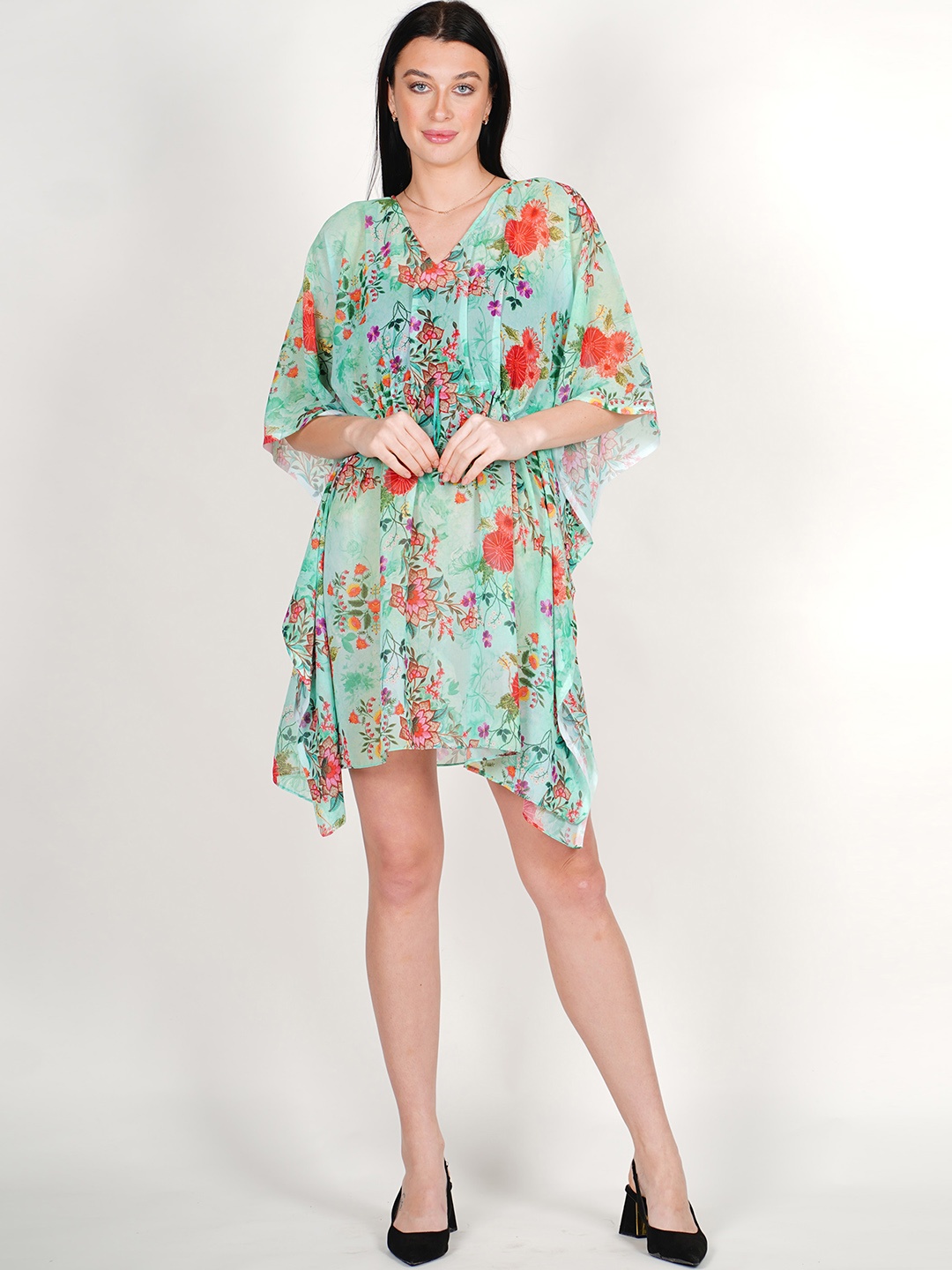 

Rajoria Instyle Floral Printed V-Neck Kimono Sleeves Semi Sheer Georgette Kaftan Dress, Green