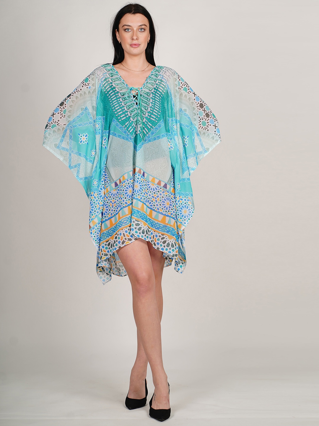

Rajoria Instyle Geometric Printed Tie-Up Neck Extended Sleeves Georgette Kaftan Dress, Blue