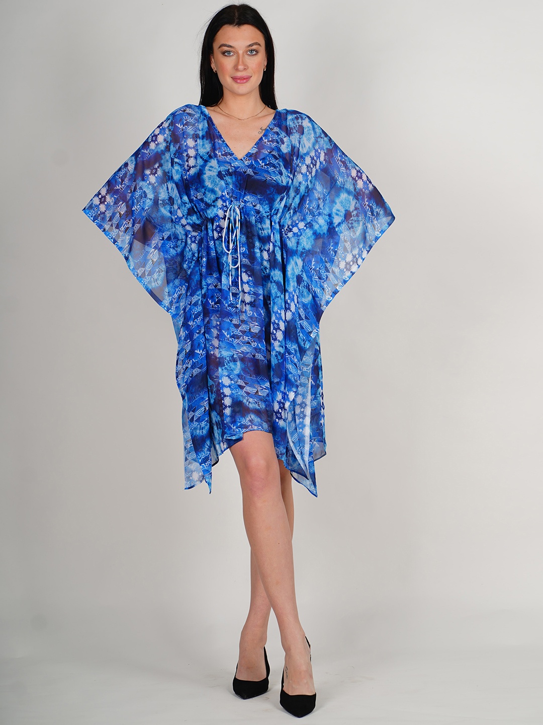 

Rajoria Instyle Tie and Dye Print Kimono Sleeve Georgette Kaftan Dress, Blue