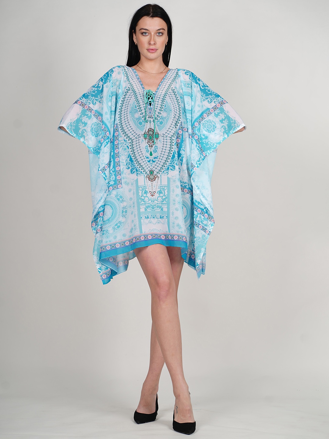 

Rajoria Instyle Ethnic Motifs Print Flared Sleeve Georgette Kaftan Dress, White