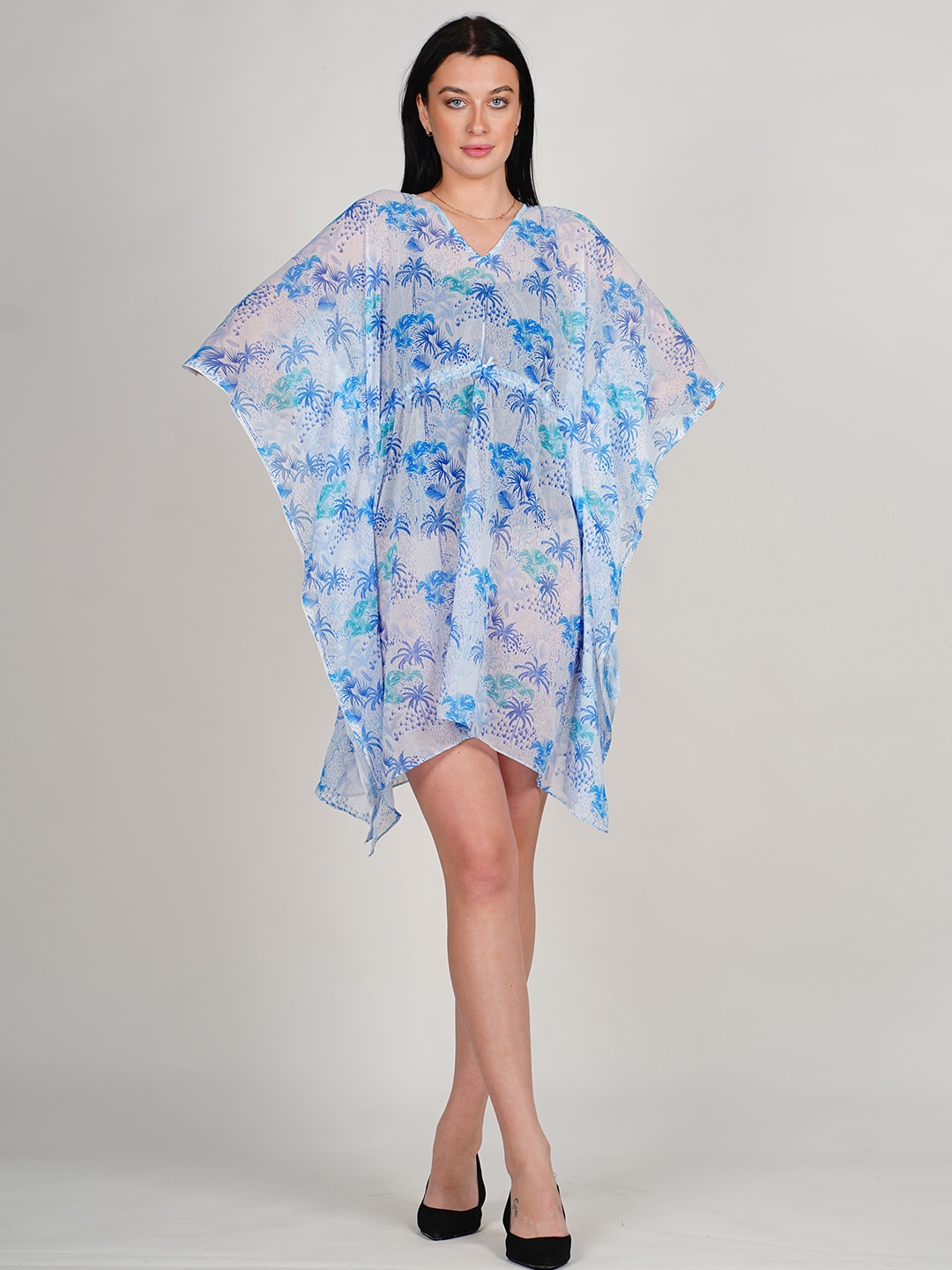 

Rajoria Instyle Floral Printed V-Neck Kimono Sleeve Semi Sheer Georgette Kaftan Dress, Blue