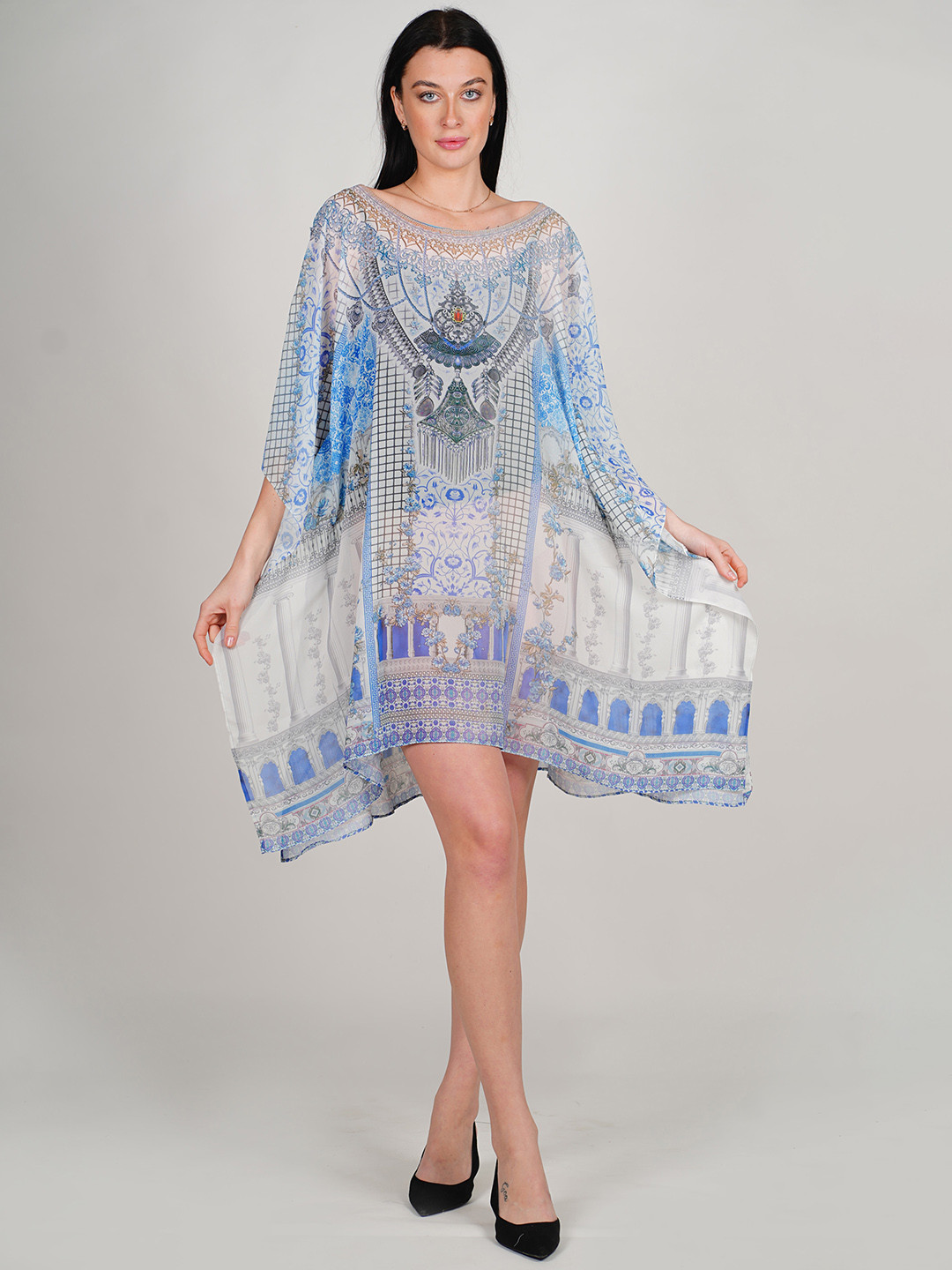 

Rajoria Instyle Floral Printed Kimono Sleeves Georgette Kaftan Swimwear Cover Up Dress, White