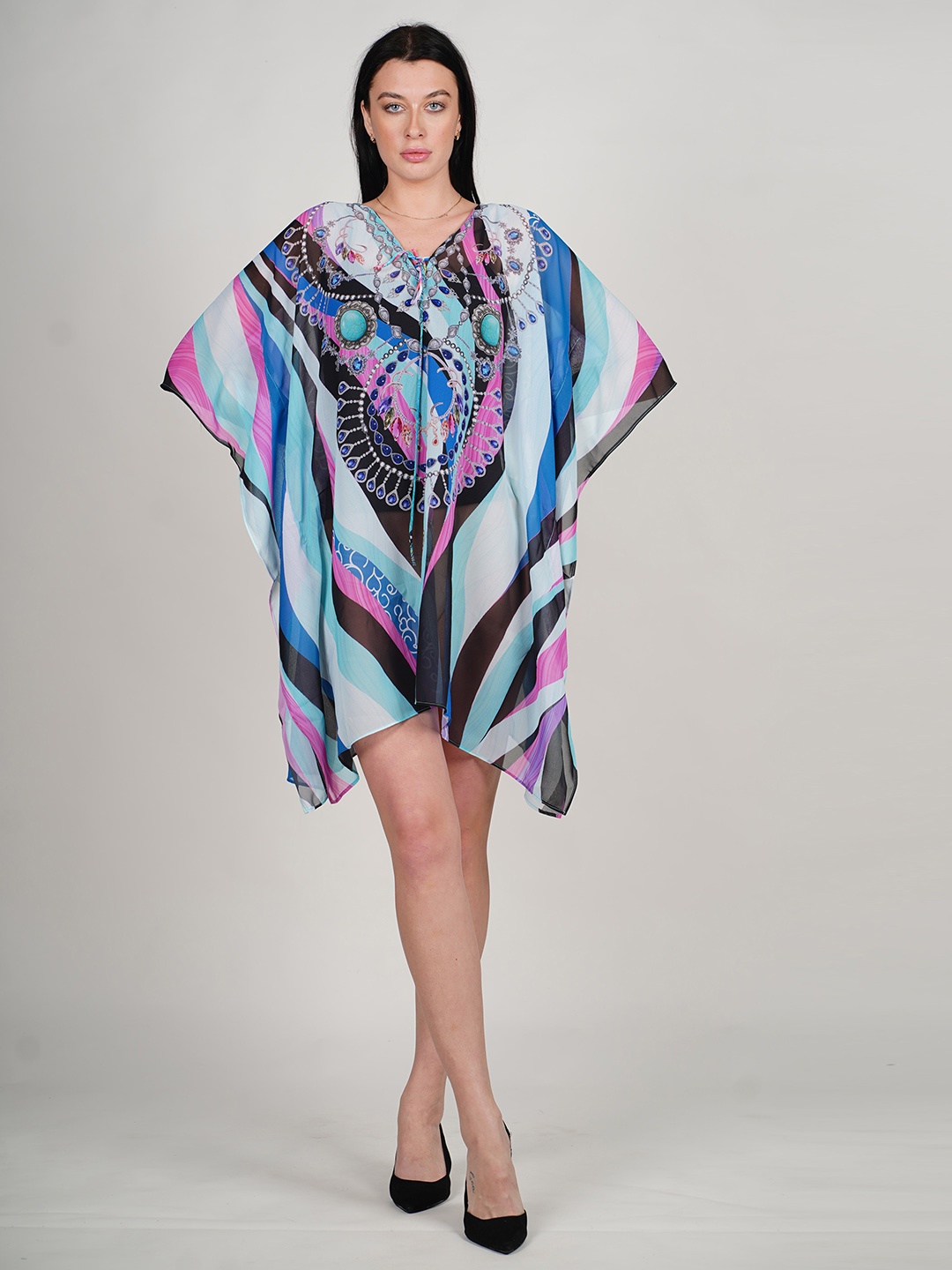 

Rajoria Instyle Ethnic Motifs Printed V-Neck Semi Sheer Georgette Kaftan Dress, Blue