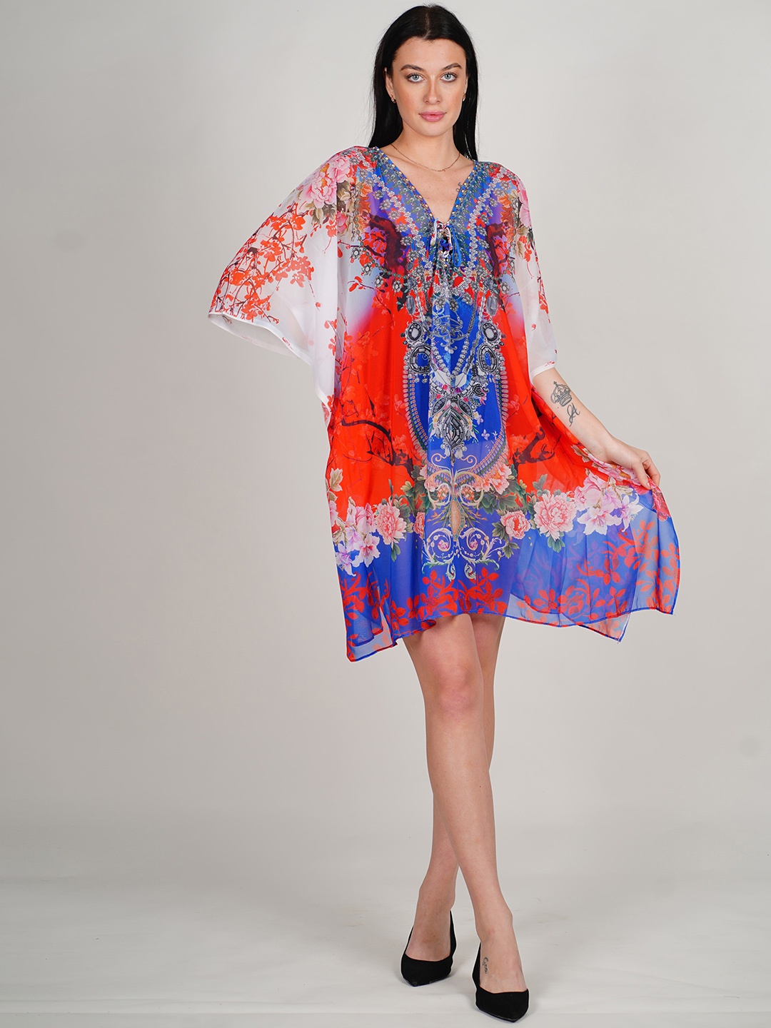

Rajoria Instyle Floral Printed Tie Up Neck Semi Sheer Georgette Kaftan Dress, Red