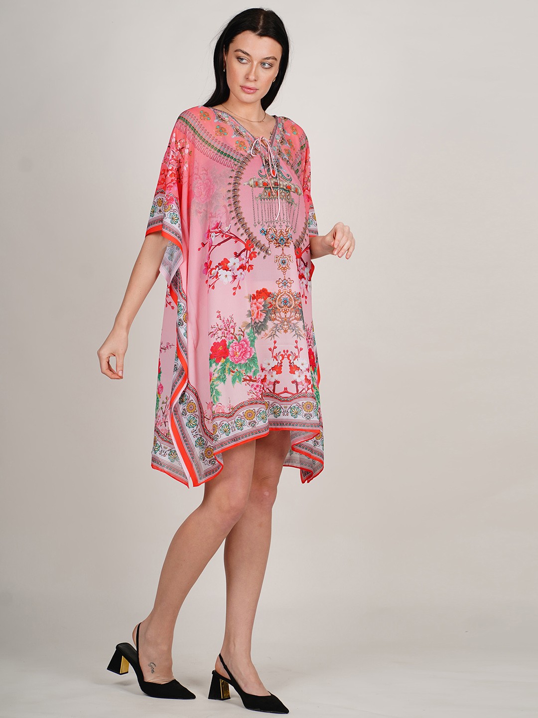 

Rajoria Instyle Floral Print Kimono Sleeve Georgette Kaftan Dress, Pink