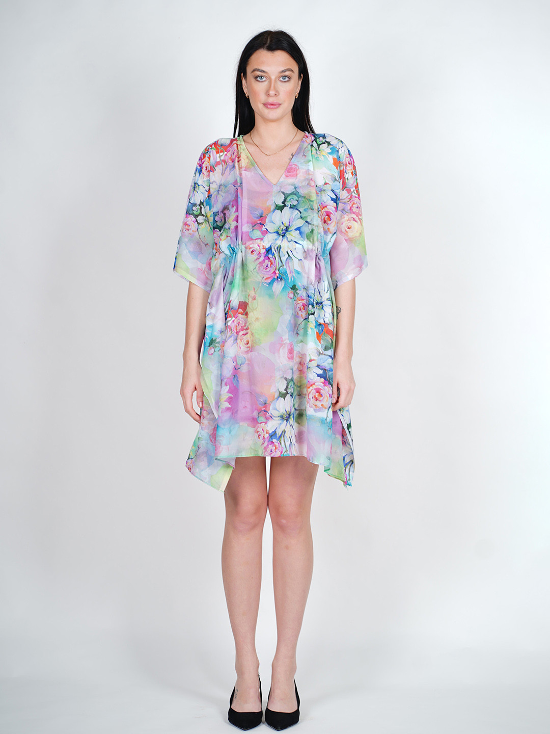 

Rajoria Instyle Floral Printed V-Neck Semi Sheer Georgette Kaftan Dress, Purple