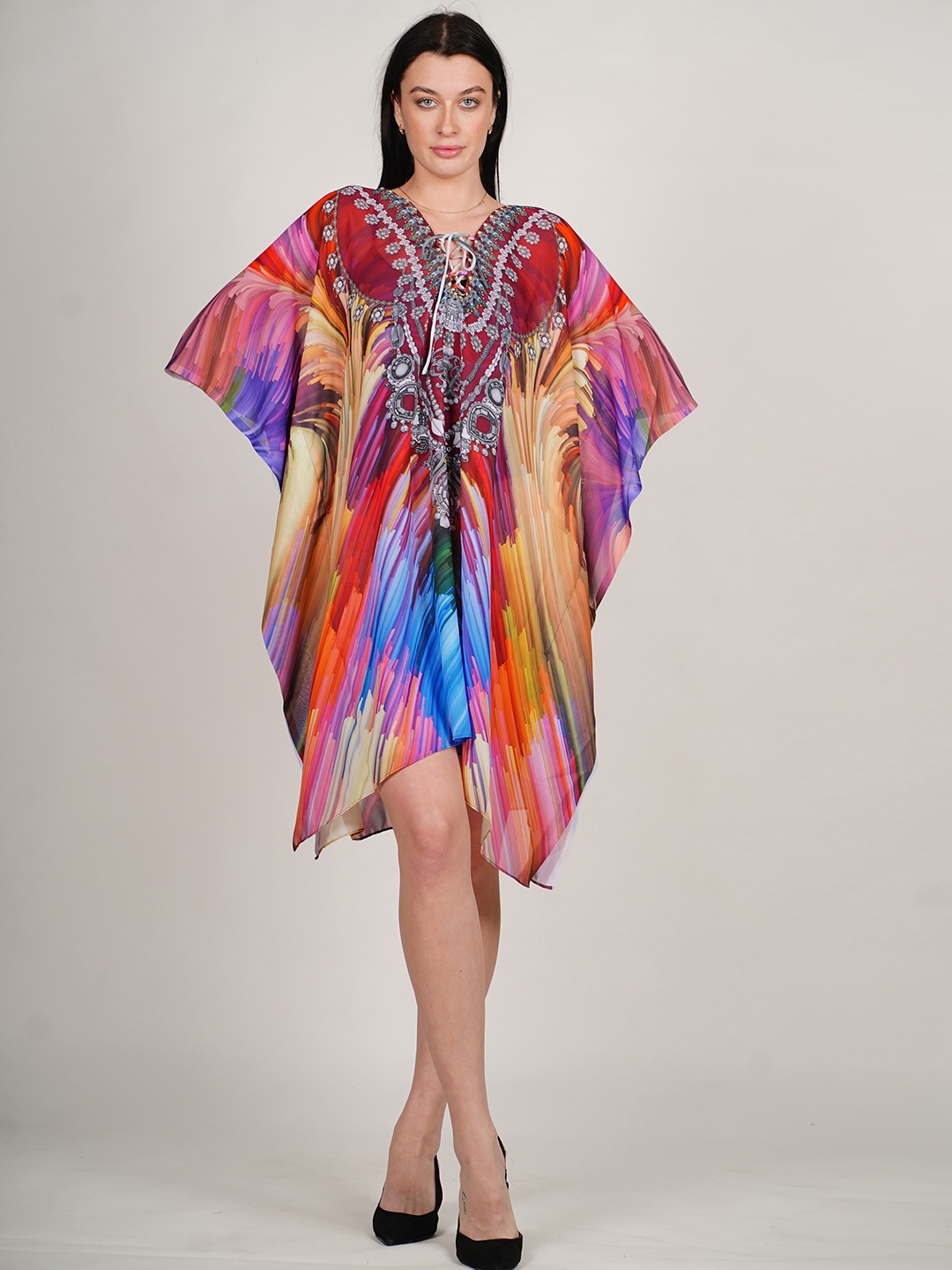 

Rajoria Instyle Abstract Printed Kimono Sleeves Georgette Kaftan Swimwear Cover Up Dress, Red
