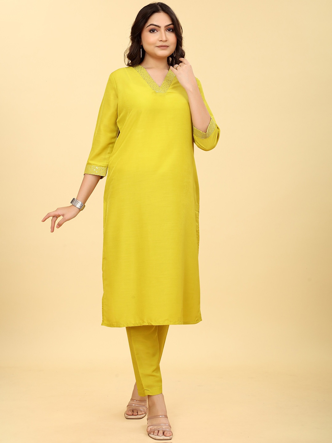 

Odd By Poshaak Yoke Design Straight Sequinned Kurta With Trouser, Yellow