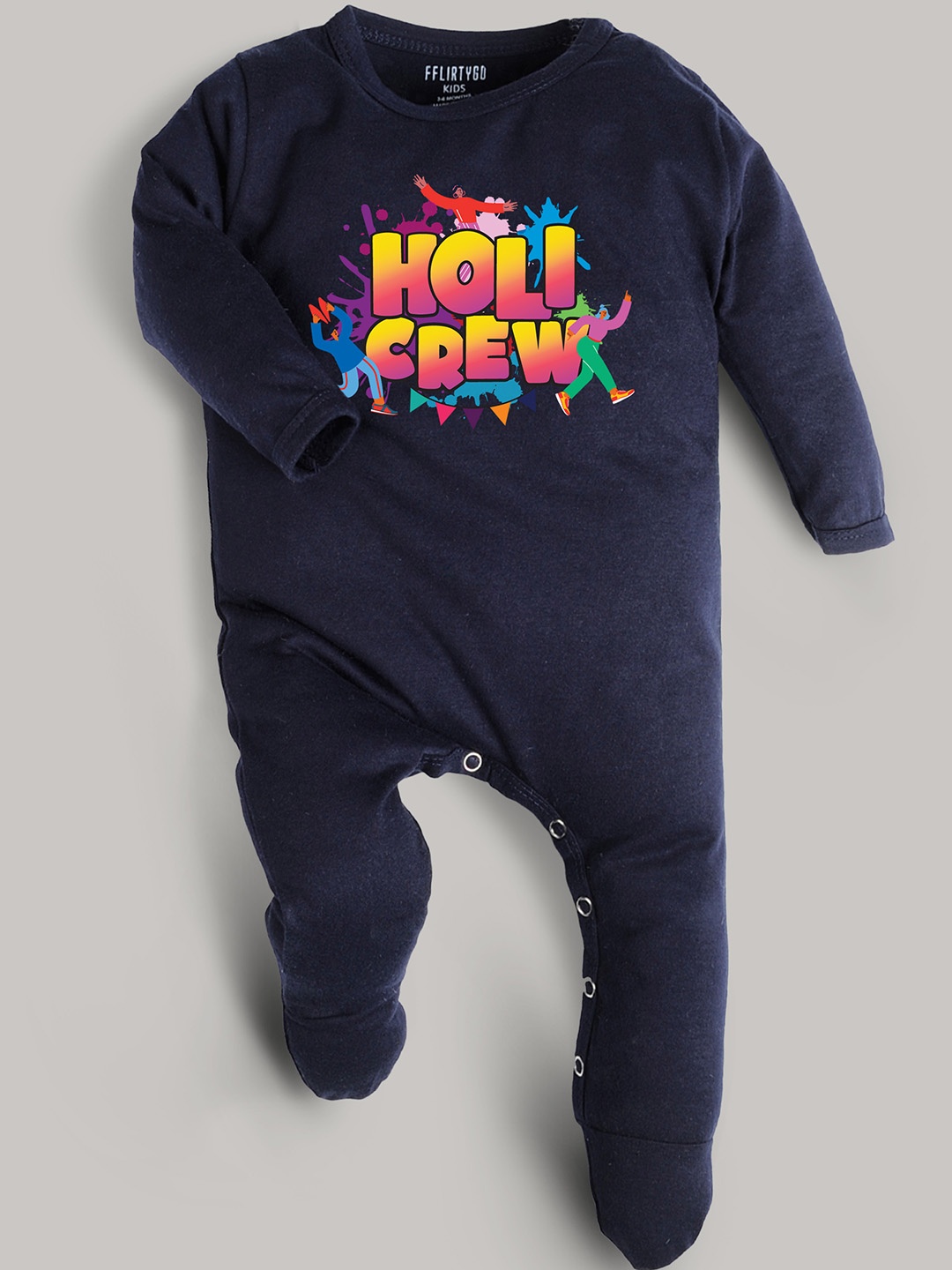 

FFLIRTYGO Infants Holi Special Printed Cotton Sleepsuit, Navy blue