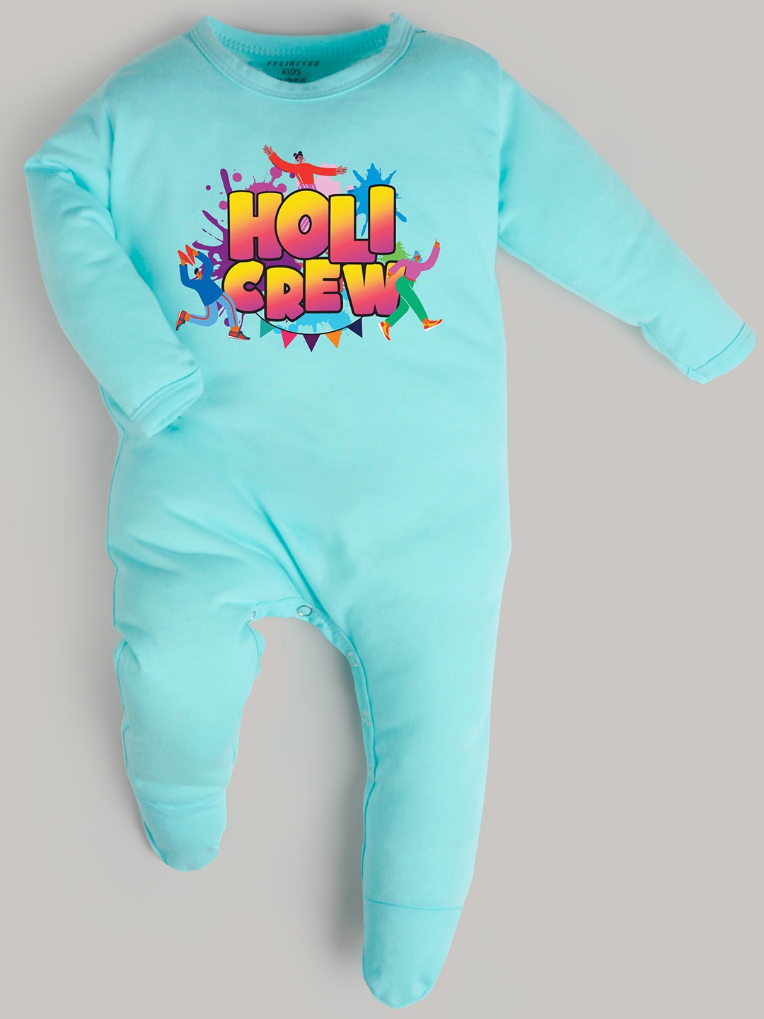 

FFLIRTYGO Infants Holi Special Printed Cotton Sleepsuit, Turquoise blue