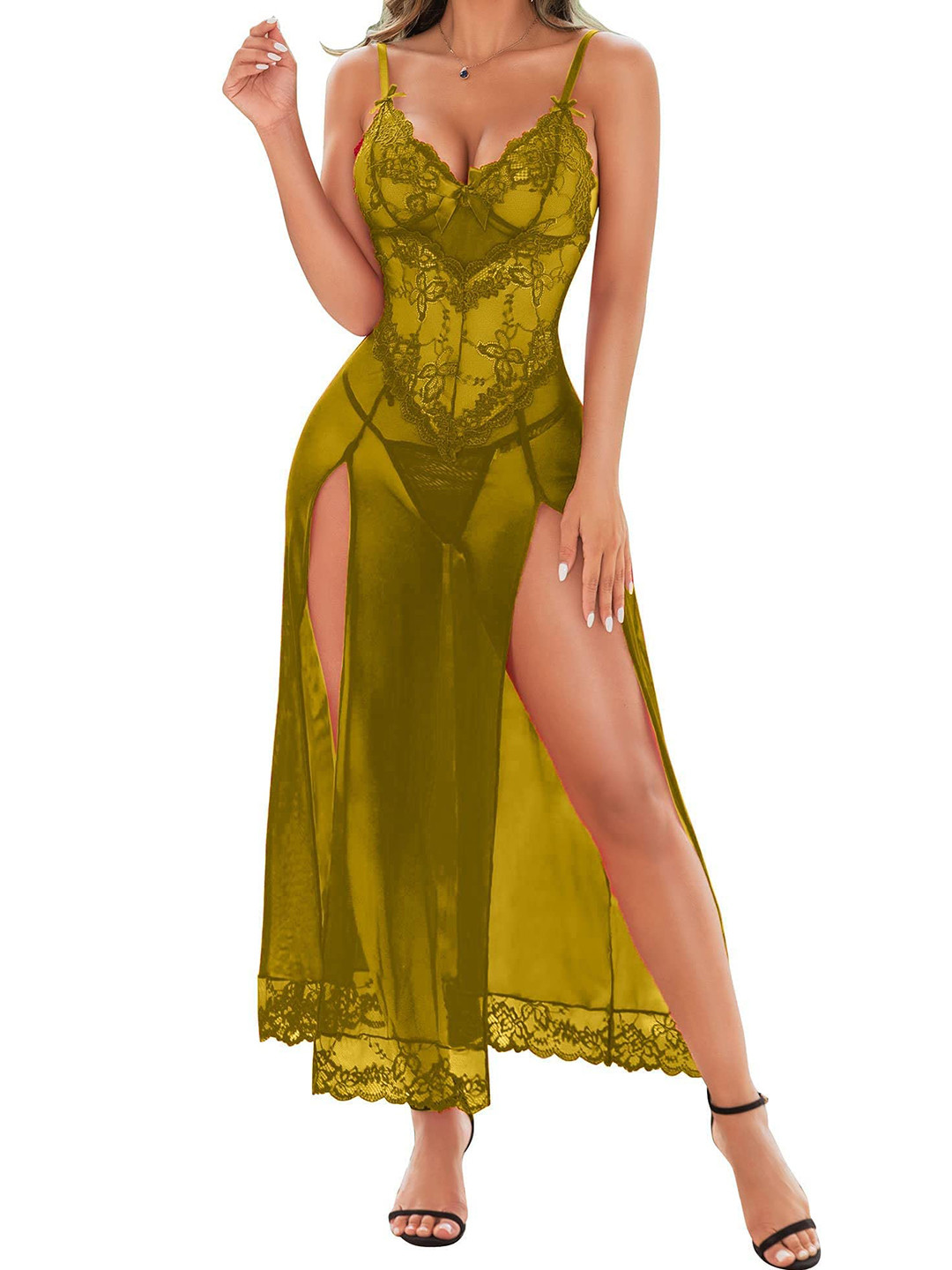 

CareDone Floral Self Design Shoulder Straps Baby Doll, Mustard