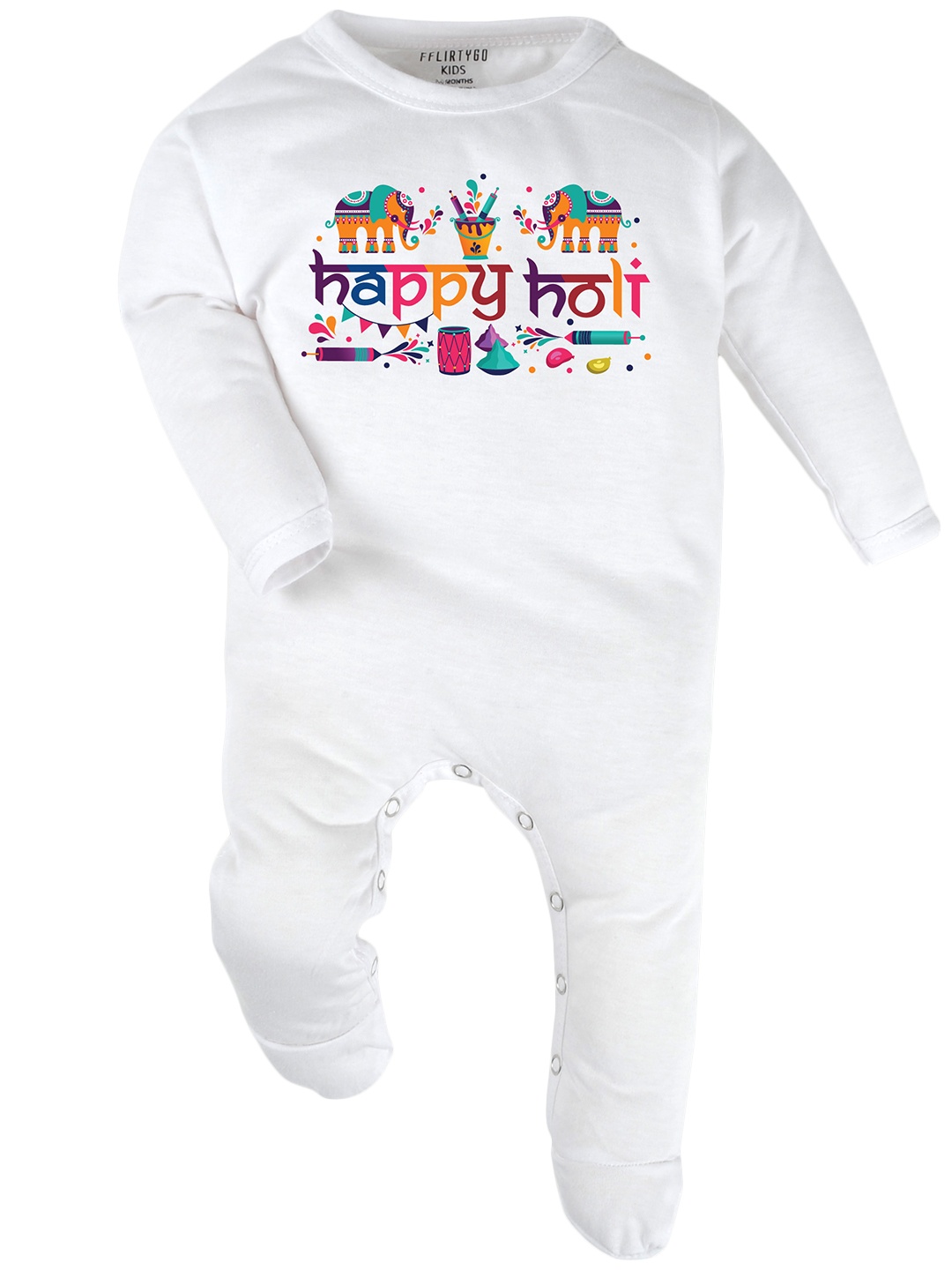 

FflirtyGo Infants Printed Cotton Holi Special Sleepsuit, White
