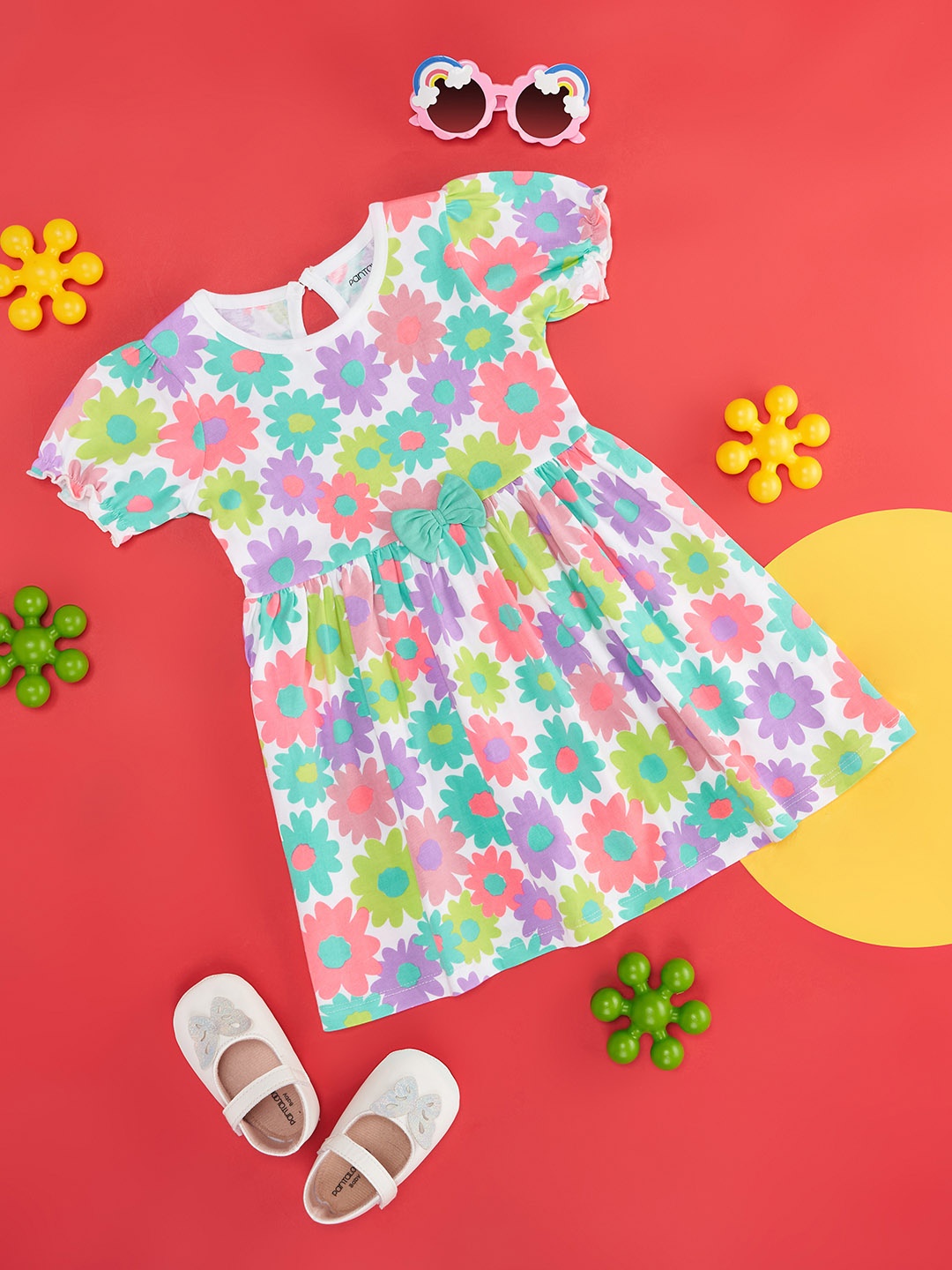 Pantaloons Baby Infants Girls Floral Printed Puffed Sleeves Cotton Fit and Flare Dress, Pink