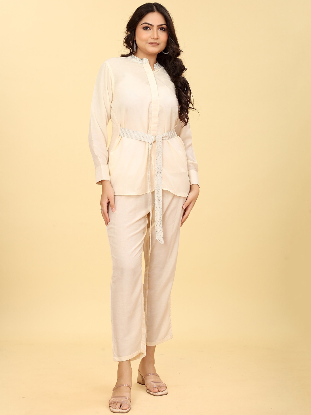 

Odd By Poshaak Sequined Mandarin Collar Top With Trouser, Cream