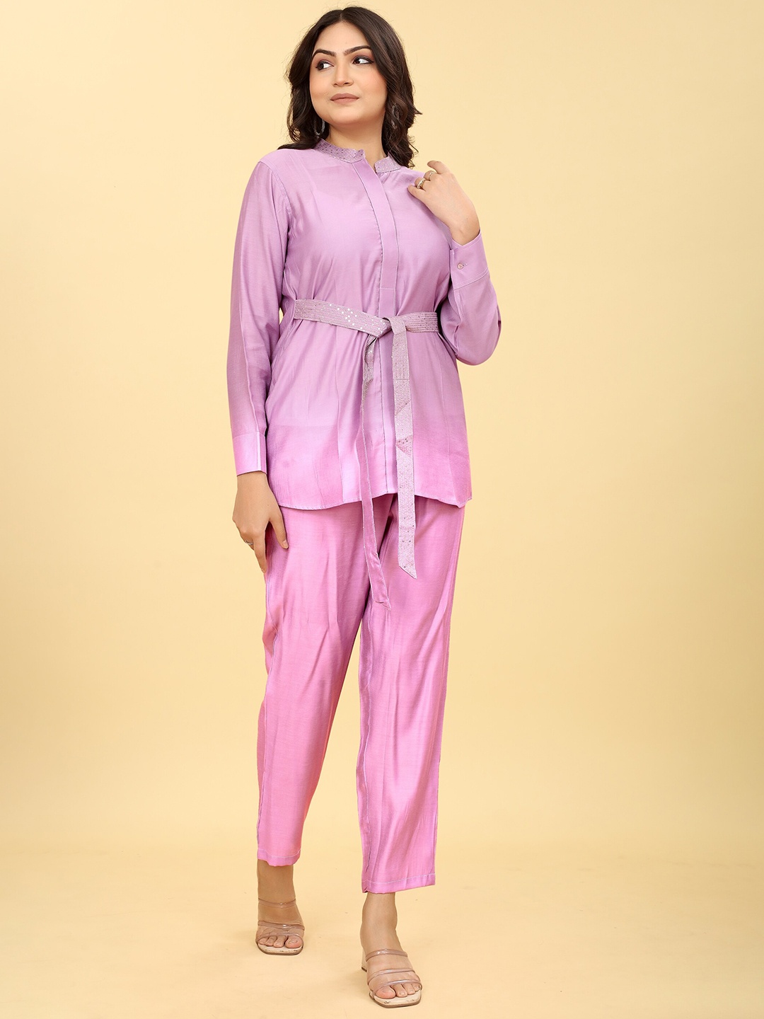 

Odd By Poshaak Sequined Mandarin Collar Top With Trouser, Purple