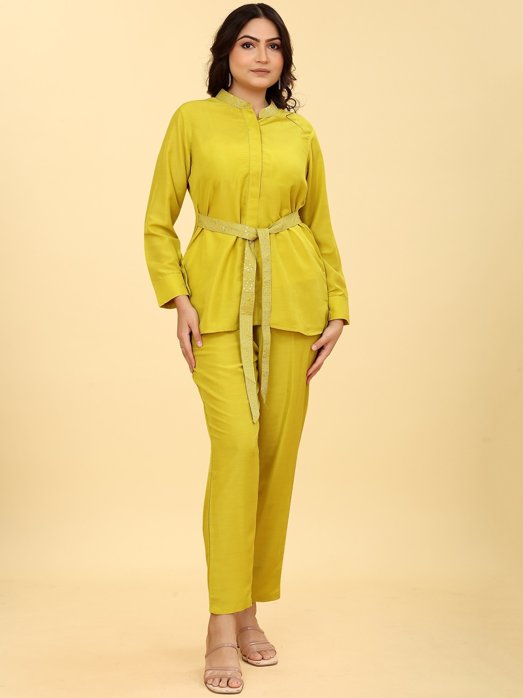 

Odd By Poshaak Sequined Mandarin Collar Top With Trouser, Yellow
