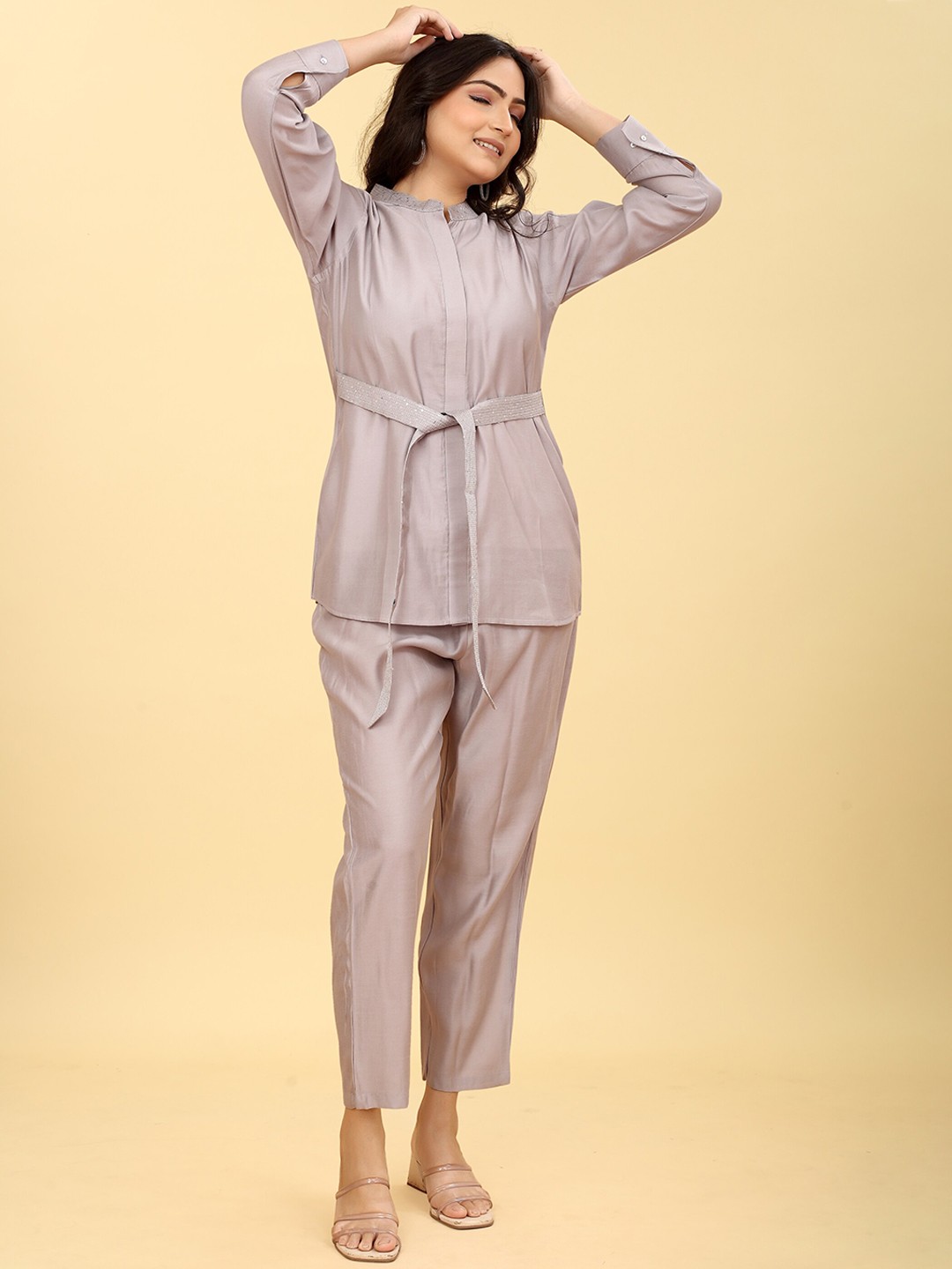 

Odd By Poshaak Sequined Mandarin Collar Top With Trouser, Grey