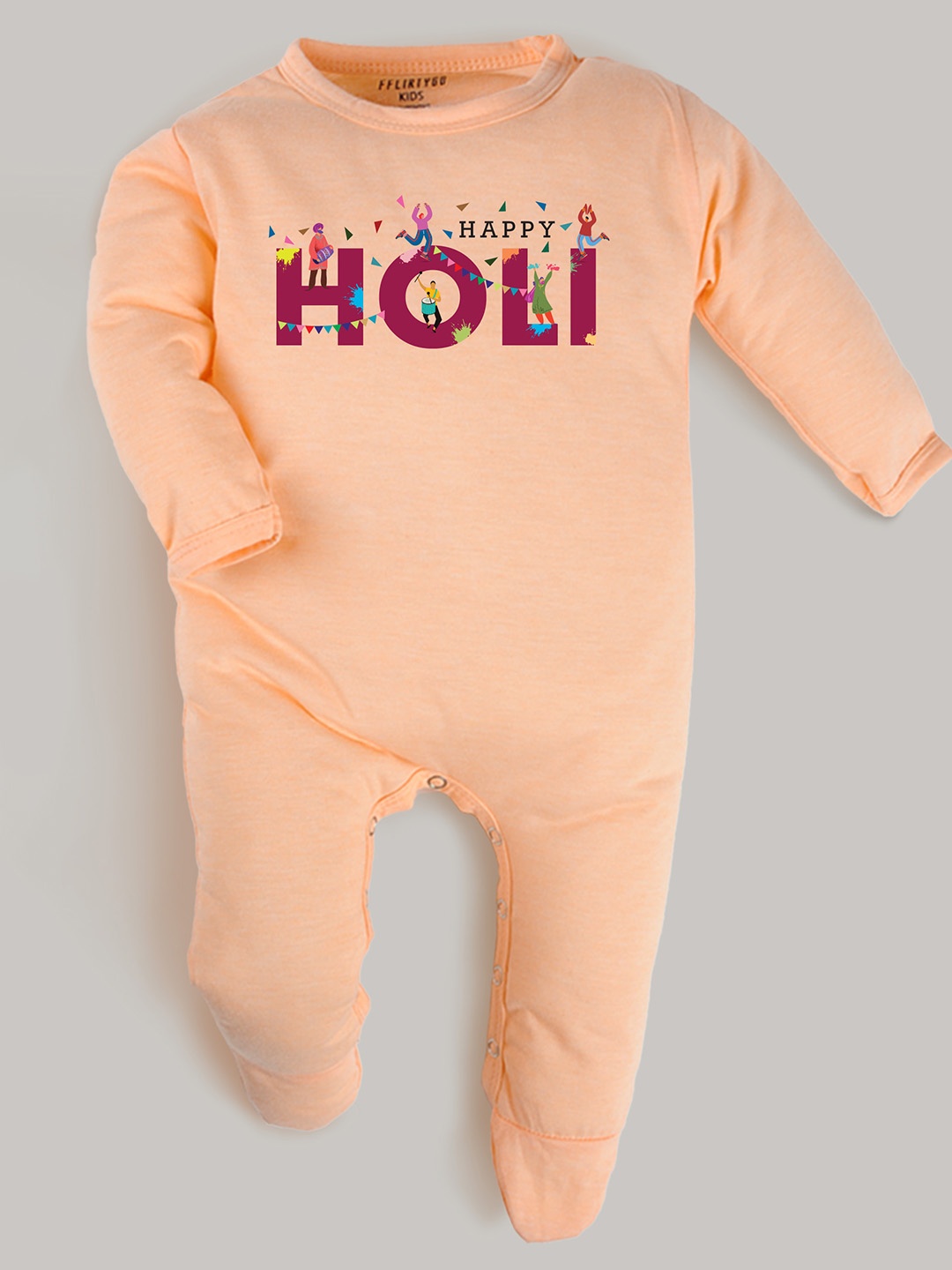 

FFLIRTYGO Kids Holi Printed Long Sleeves Cotton Sleepsuit, Peach