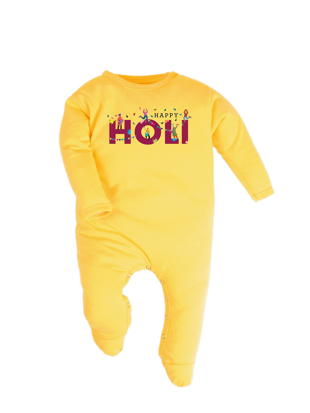 

FflirtyGo Infants Typography Printed Holi Special Pure Cotton Sleepsuit, Yellow