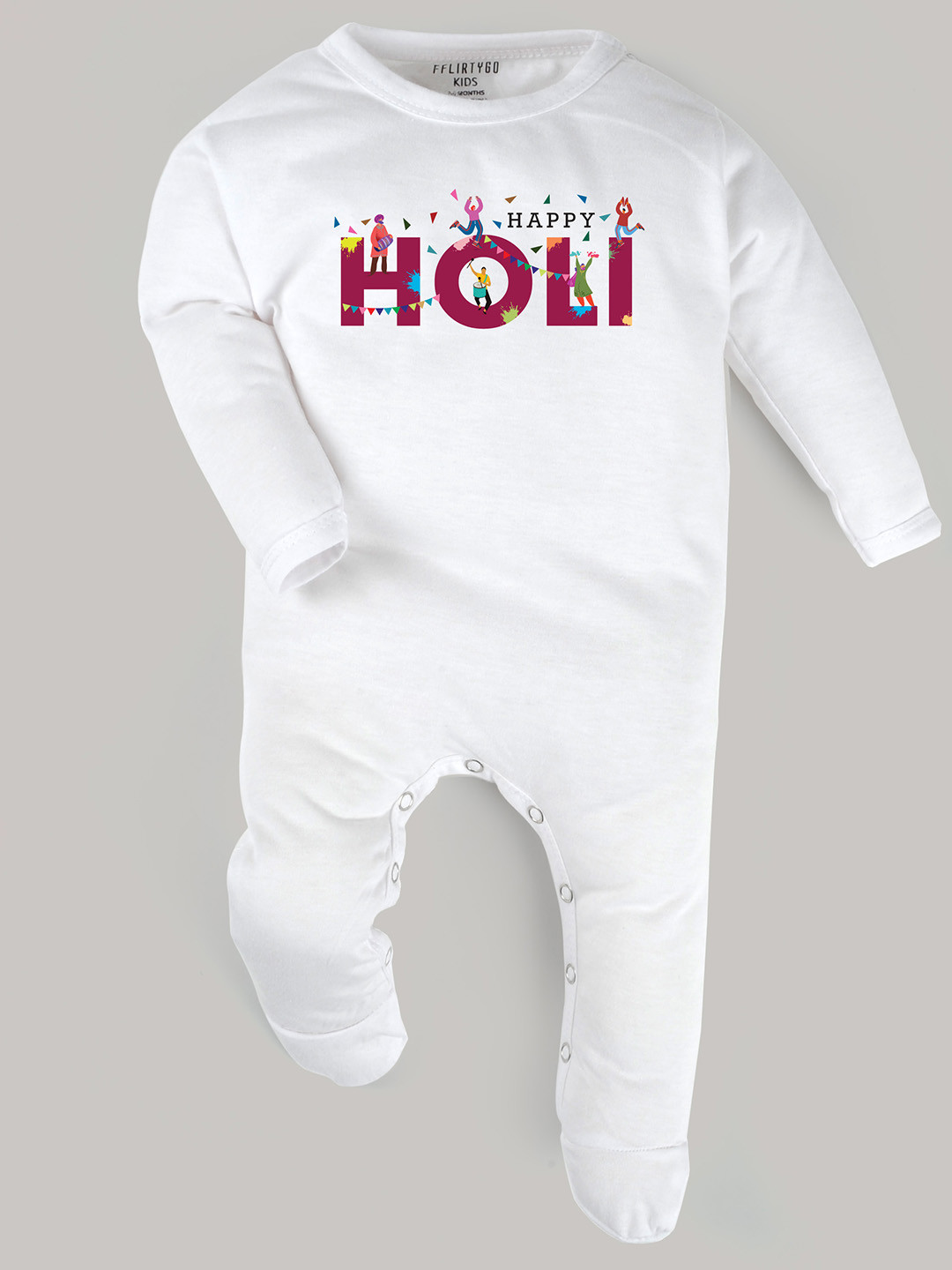 

FFLIRTYGO Kids Holi Printed Long Sleeves Cotton Sleepsuit, White