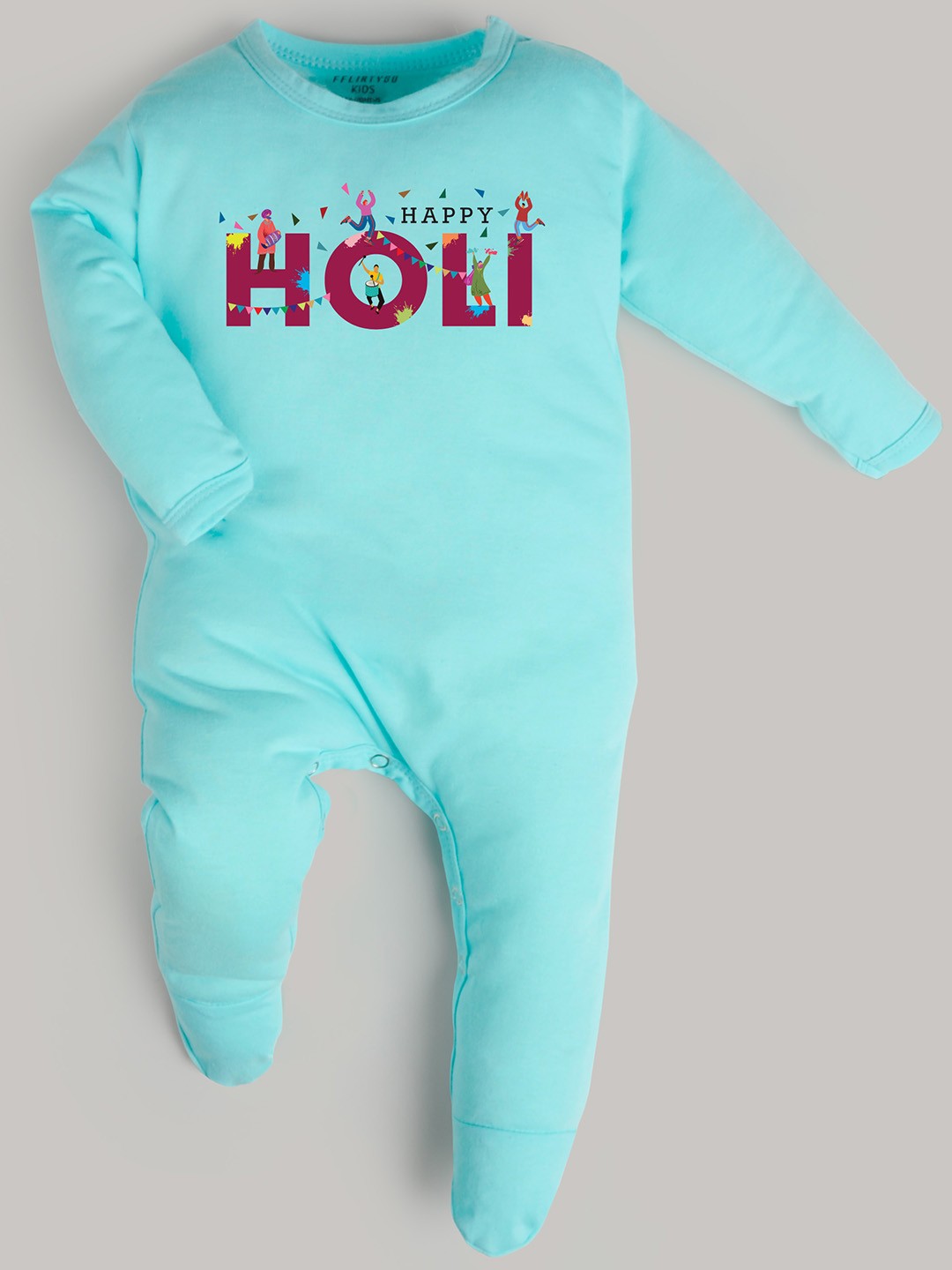 

FFLIRTYGO Infants Holi Special Printed Cotton Sleepsuit, Turquoise blue