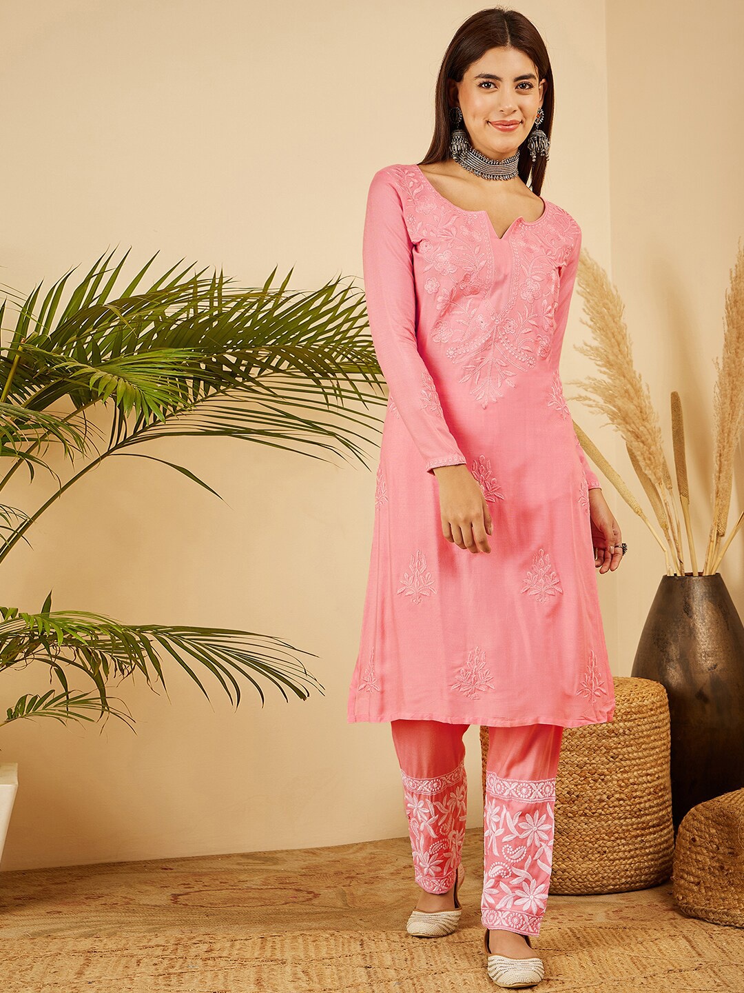 

BLACK SCISSOR Floral Printed Notched Neck Pure Cotton Straight Kurta with Trousers, Peach