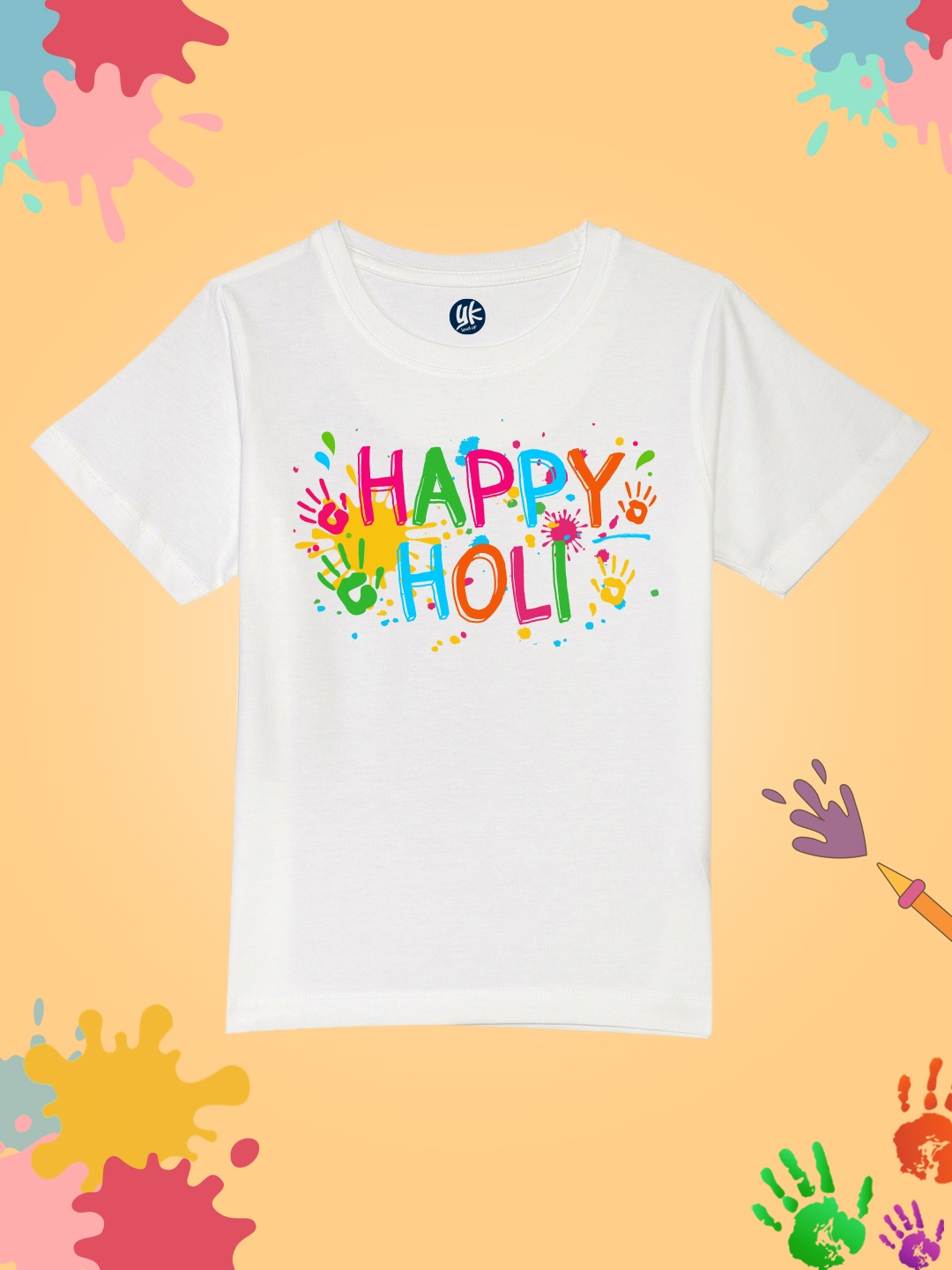 

YK Boys Holi Printed Round Neck Short Sleeves Pure Cotton T-shirt, White