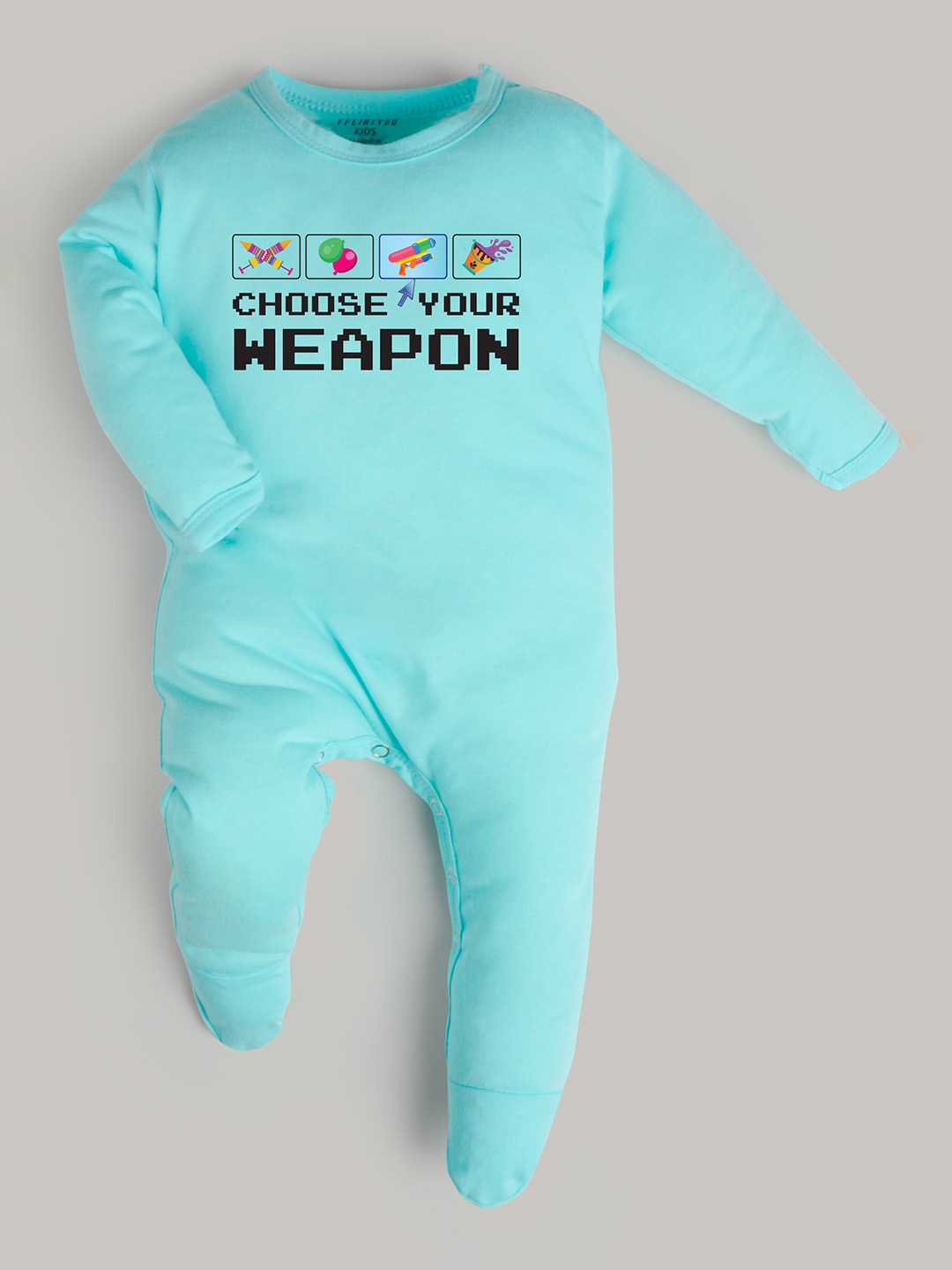 

FflirtyGo Infants Printed Cotton Holi Special Sleepsuit, Turquoise blue