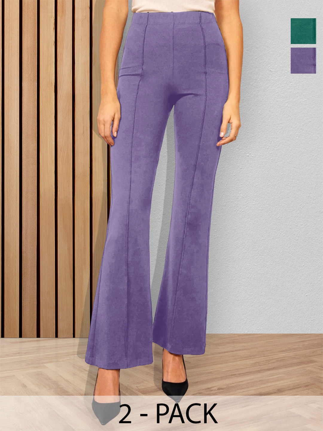 

BAESD Women Pack Of 2 Flared High-Rise Cotton Bootcut Trousers, Purple