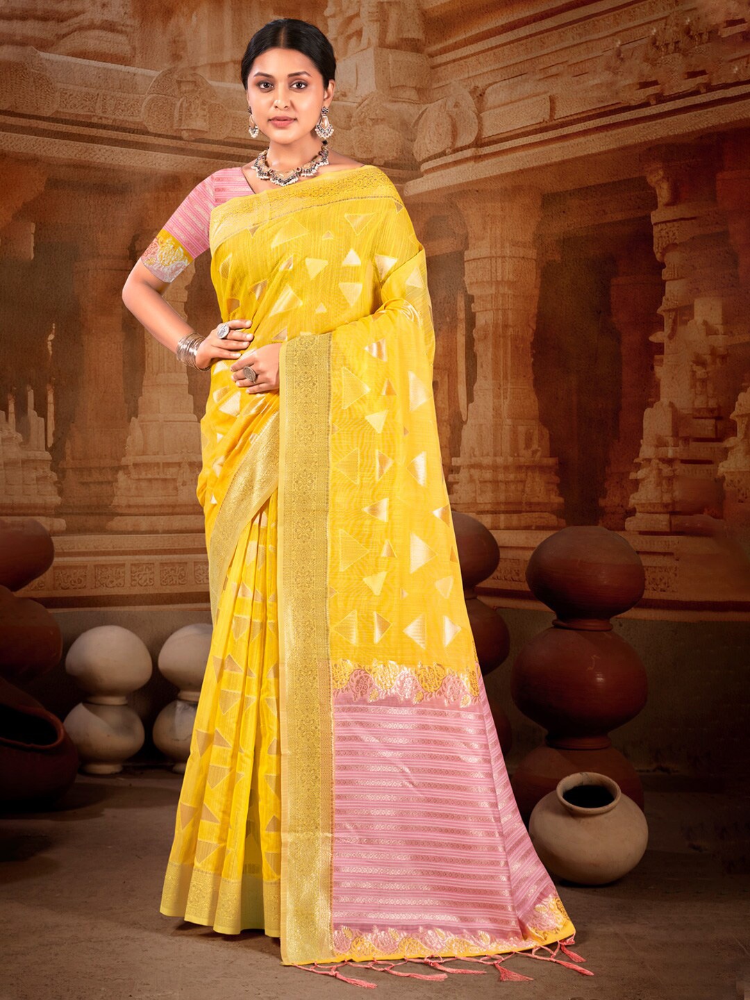 

Mitera Yellow Geometric Woven Design Zari Saree