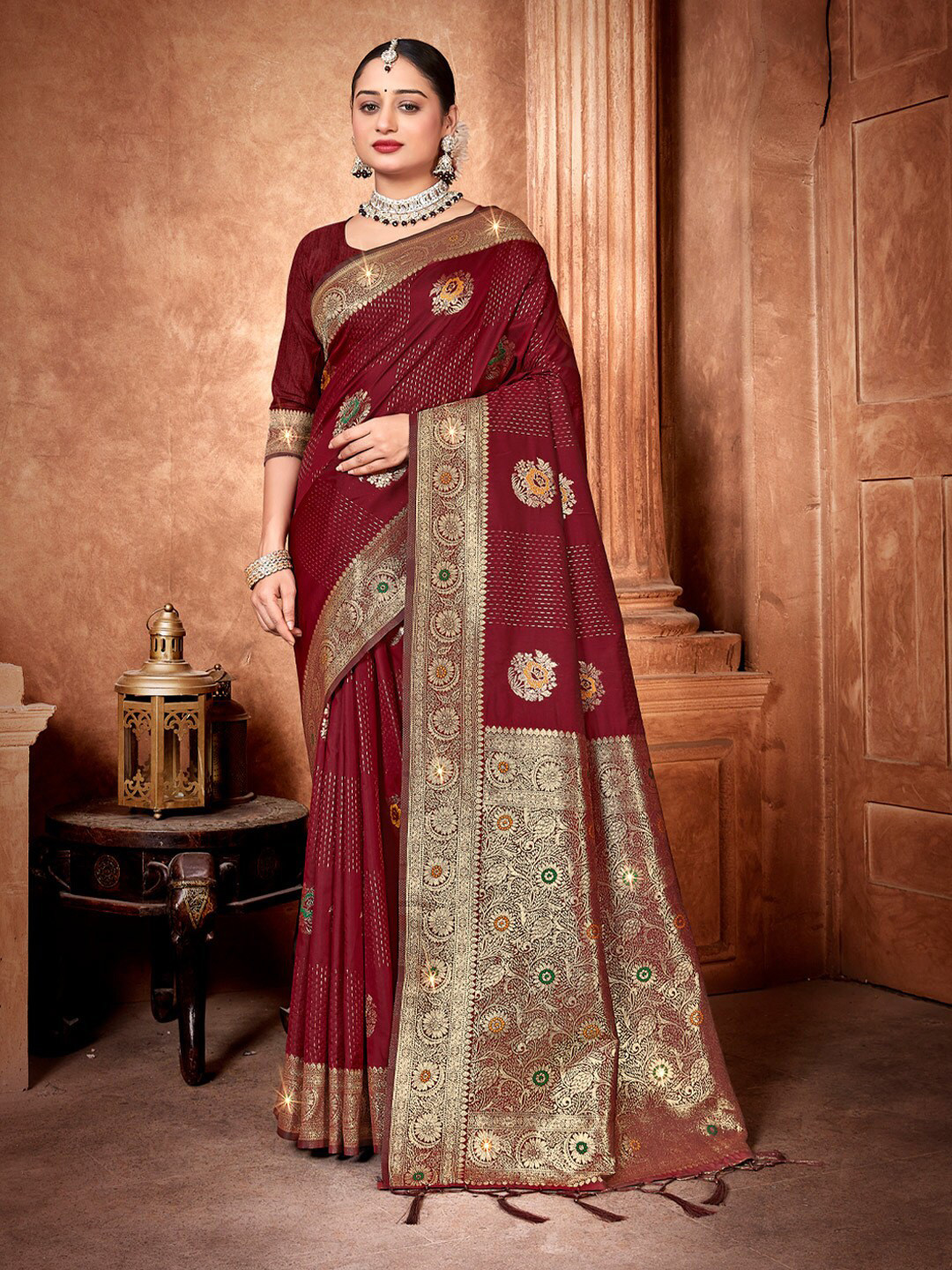 

Mitera Brown Ethnic Motifs Woven Design Zari Banarasi Saree