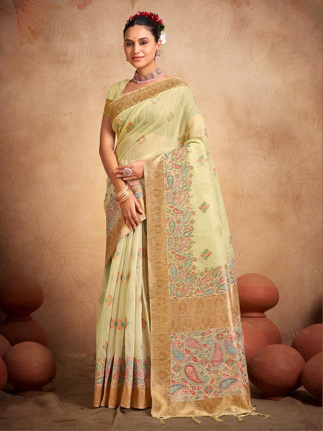 

Mitera Lemon Green Ethnic Motifs Woven Design Zari Saree