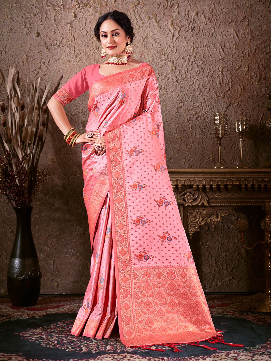 

Mitera Peach Colour Woven Design Zari Saree