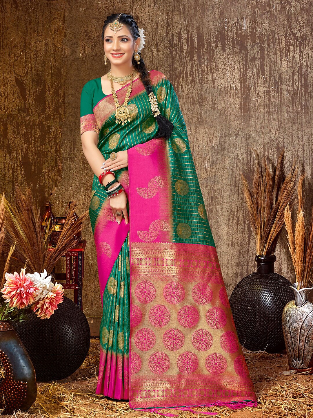 

Mitera Green & Pink Ethnic Motifs Woven Design Zari Saree