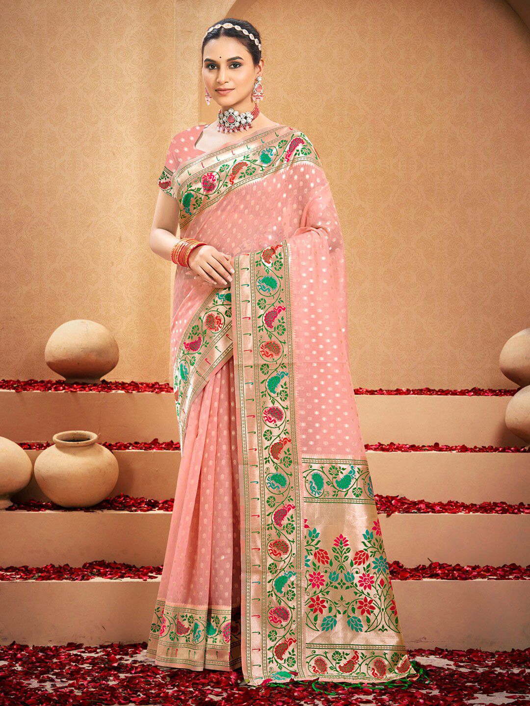 

Mitera Pink Ethnic Motifs Woven Design Zari Saree