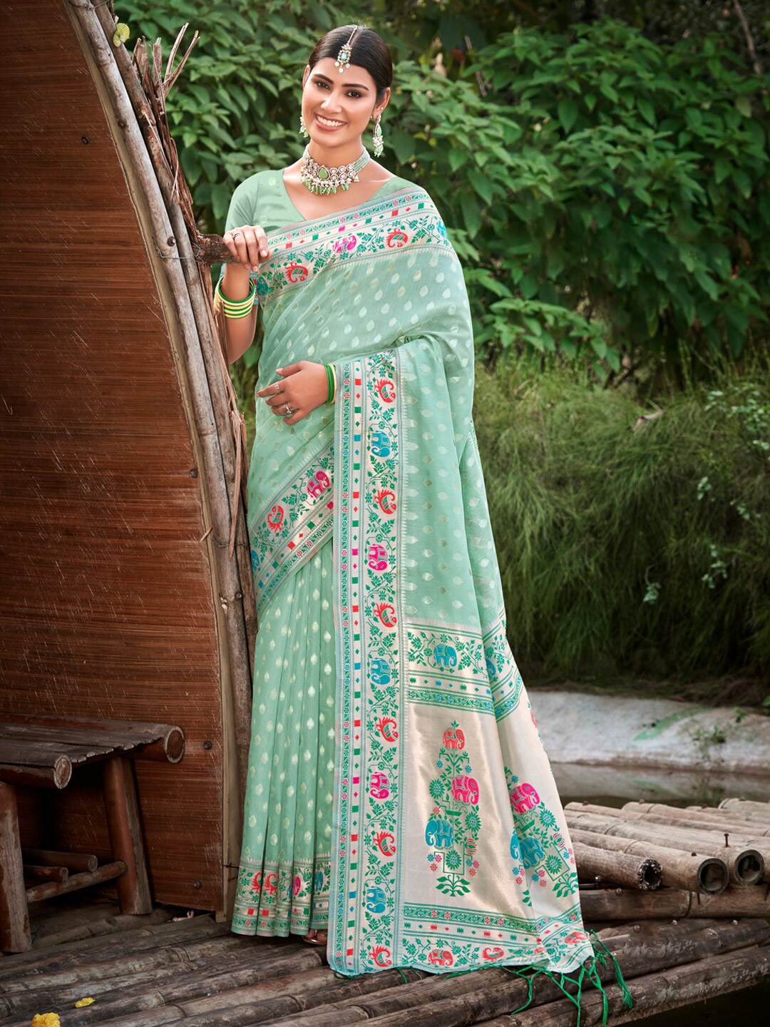 

Mitera Sea Green Woven Design Zari Paithani Saree