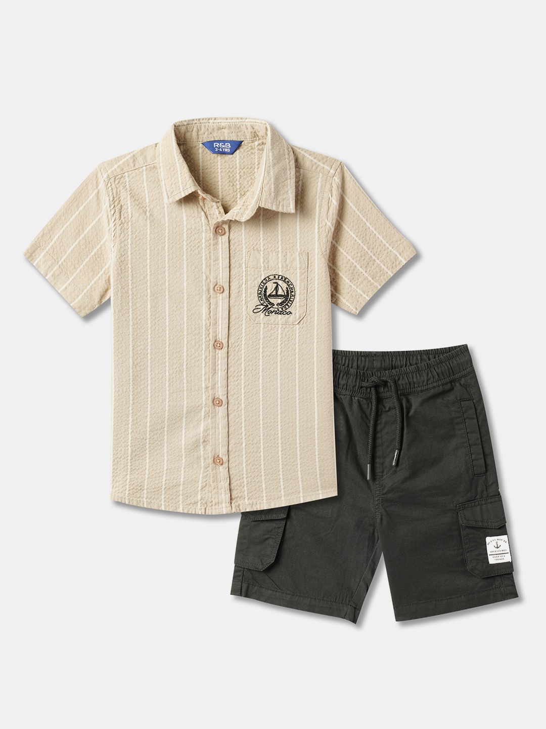 

R&B Boys Striped Shirt With Shorts, Beige