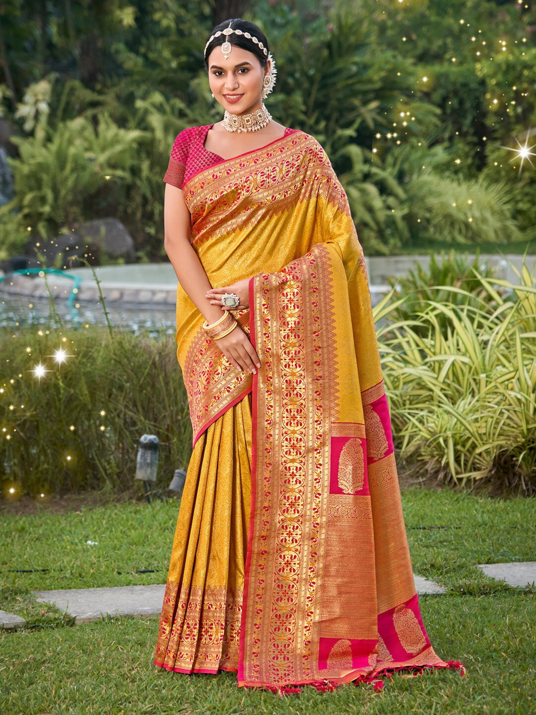 

Mitera Mustard Yellow Ethnic Motifs Woven Design Zari Kanjeevaram Saree