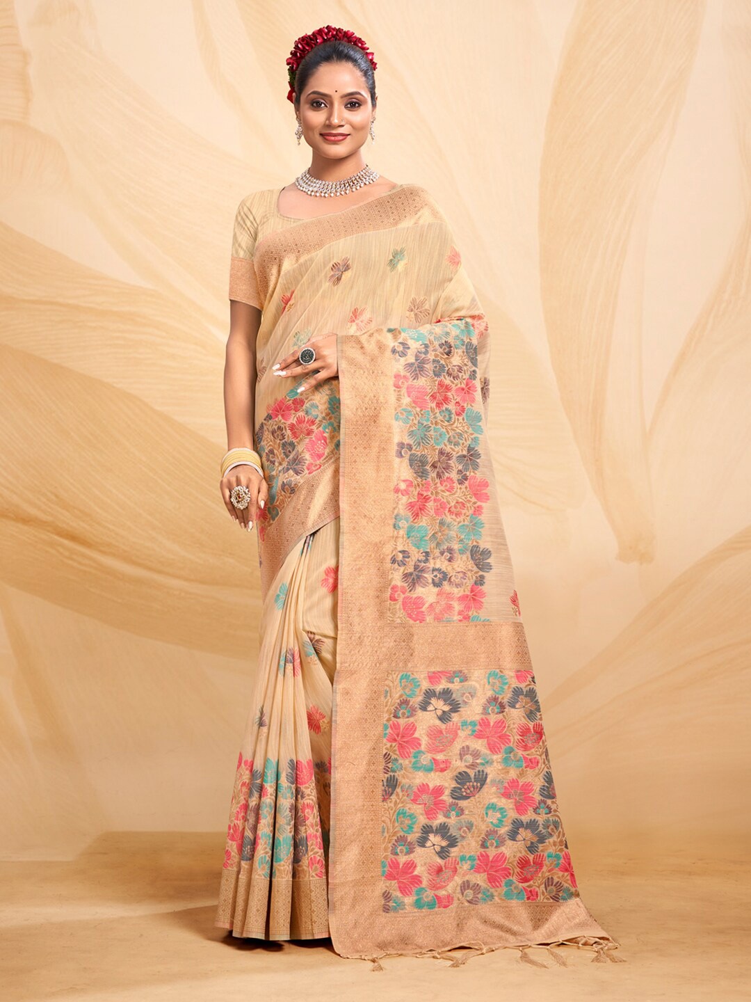 

Mitera Cream & Blue Floral Woven Design Zari Saree