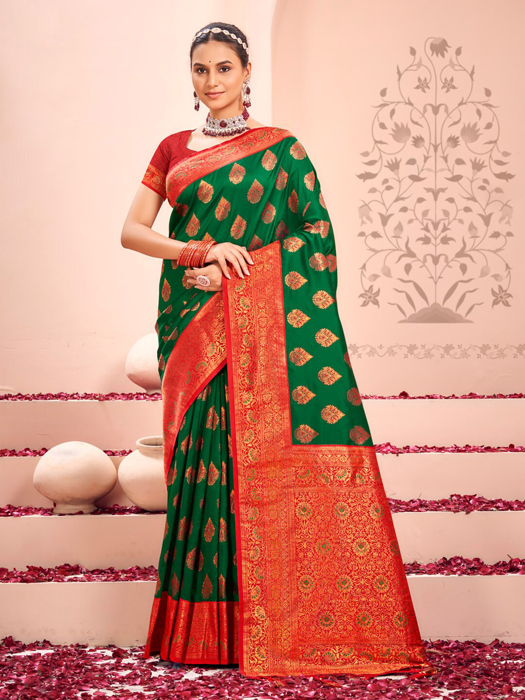 

Mitera Green & Red Ethnic Motifs Woven Design Zari Kanjeevaram Saree