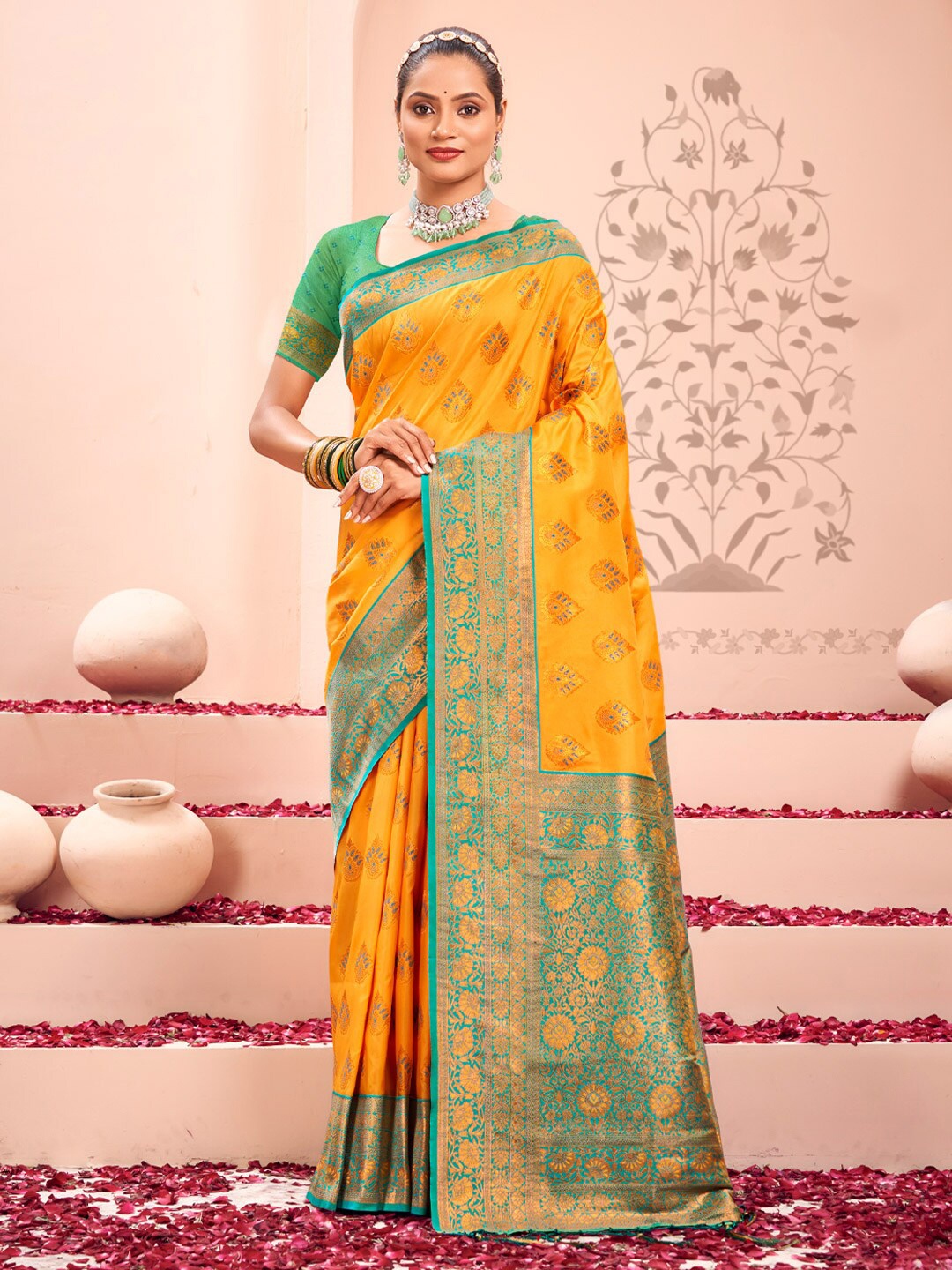 

Mitera Ethnic Motifs Woven Design Zari Kanjeevaram Saree, Yellow