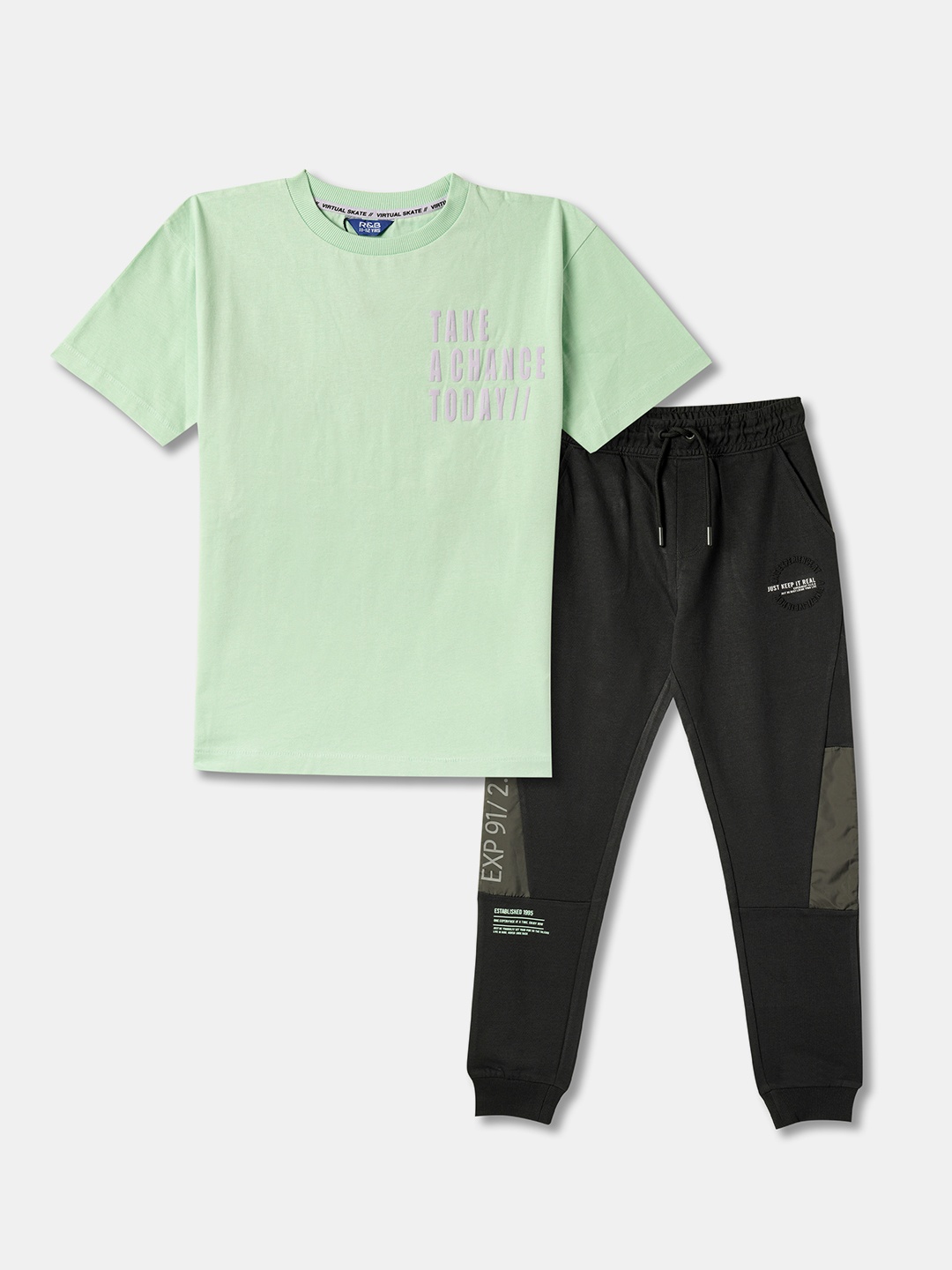 

R&B Boys Typographic Printed T-shirt with Trousers, Green